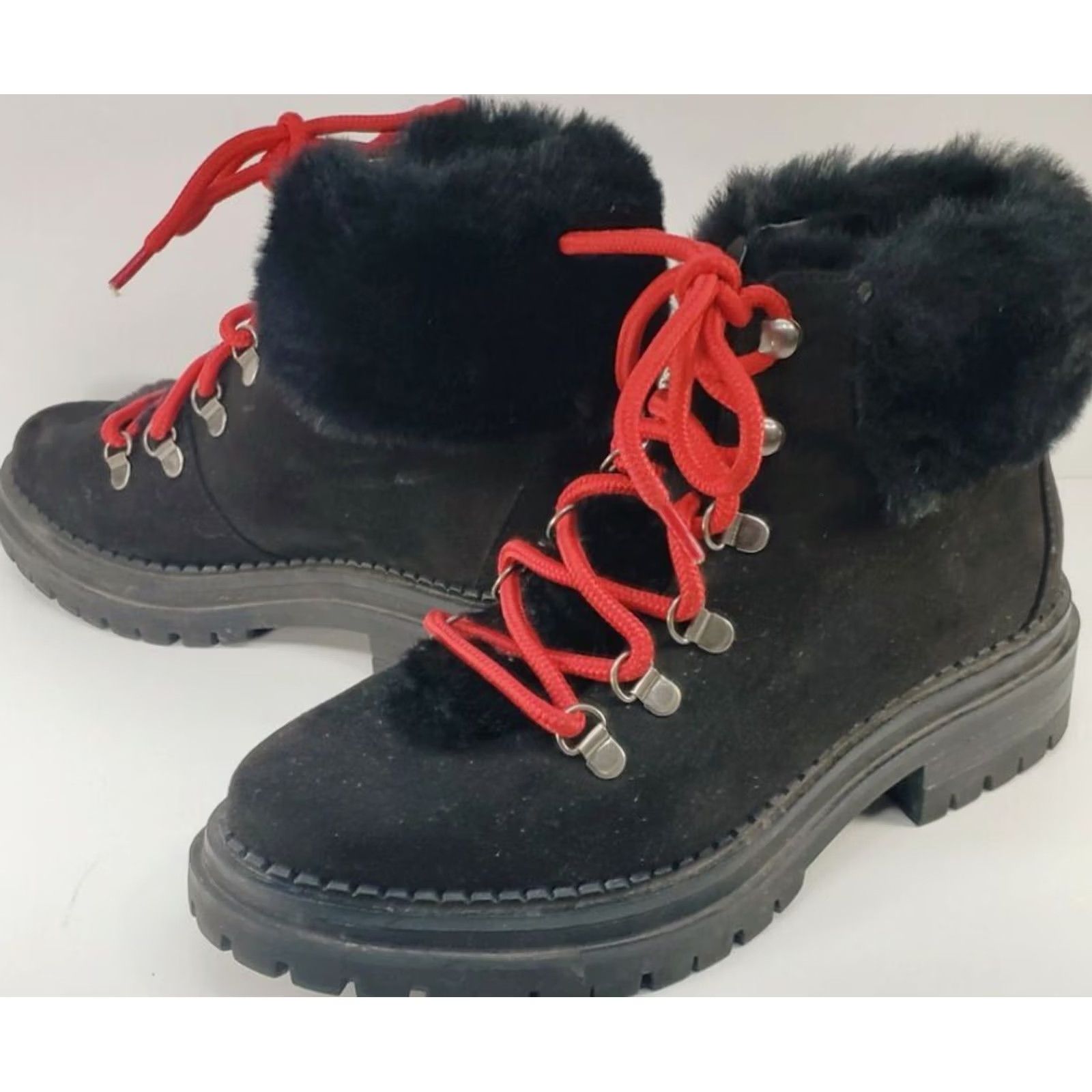 Sugar Sugar Boots Womens Black Rolls Women Winter Suede Lugged Soles Red Laced Hiker Size US 8 / IT 38 - 2 Thumbnail