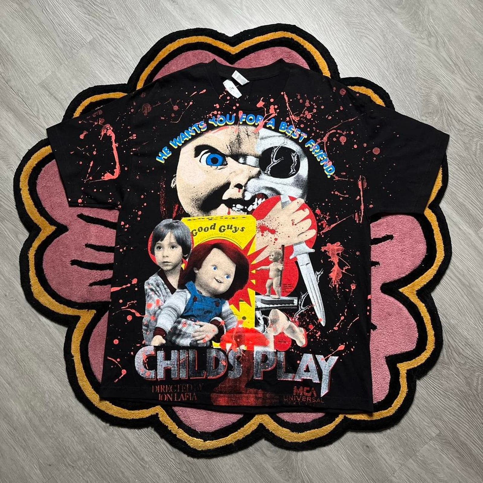 image of Rap Tees Backstock Co Child’S Play Chucky Double Sided Rap T-Shirt in Black, Men's (Size XL)