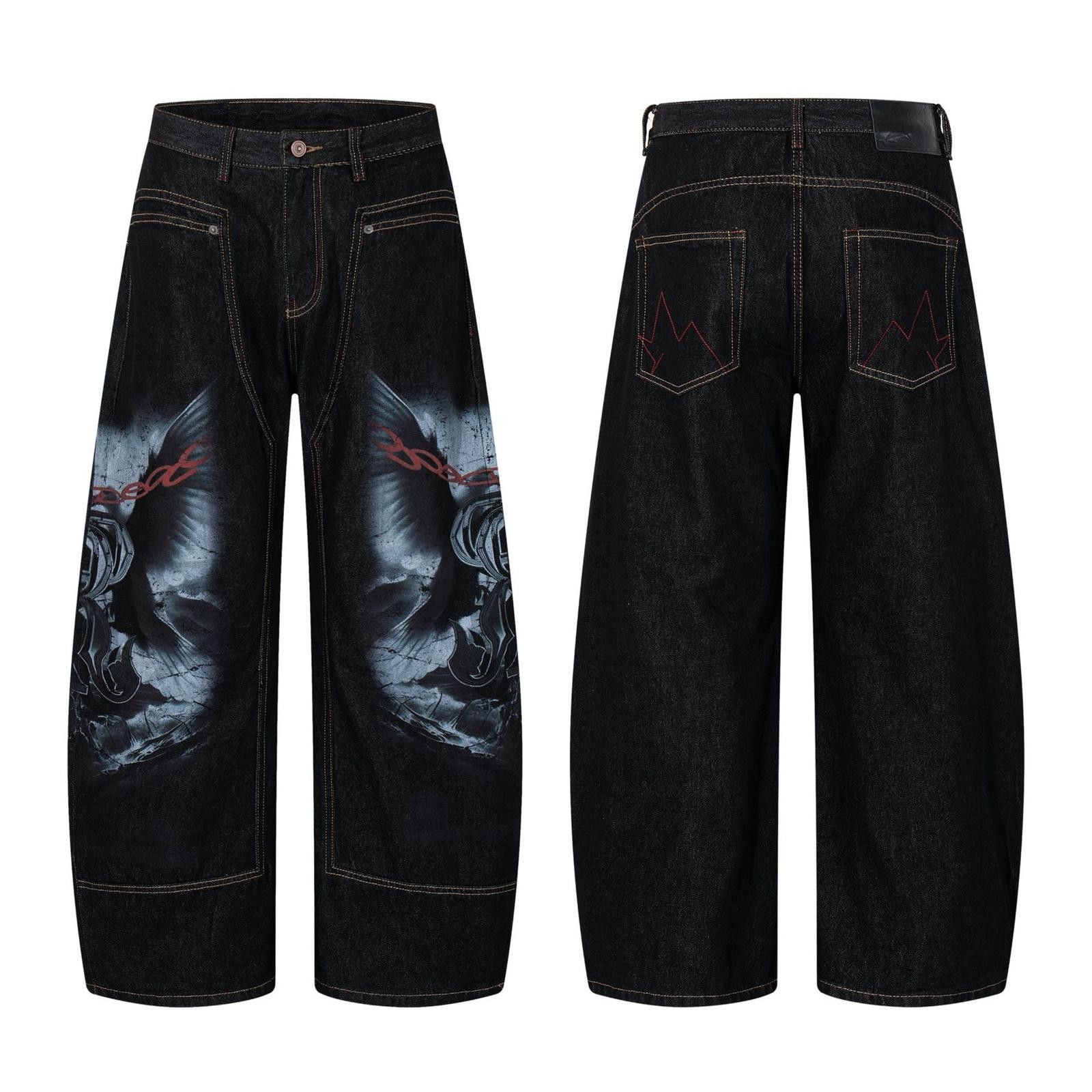 Vintage Black Graphic Wide Leg Jeans, Baggy Streetwear Pants Size 28" / US 6 / IT 42 - 5 Thumbnail