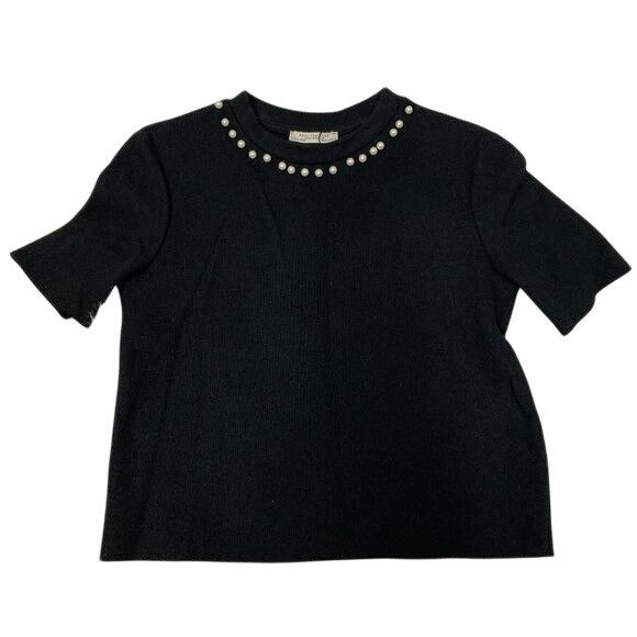 Zara Trafaluc Black Pearl-Embellished Ribbed Knit Sweater To