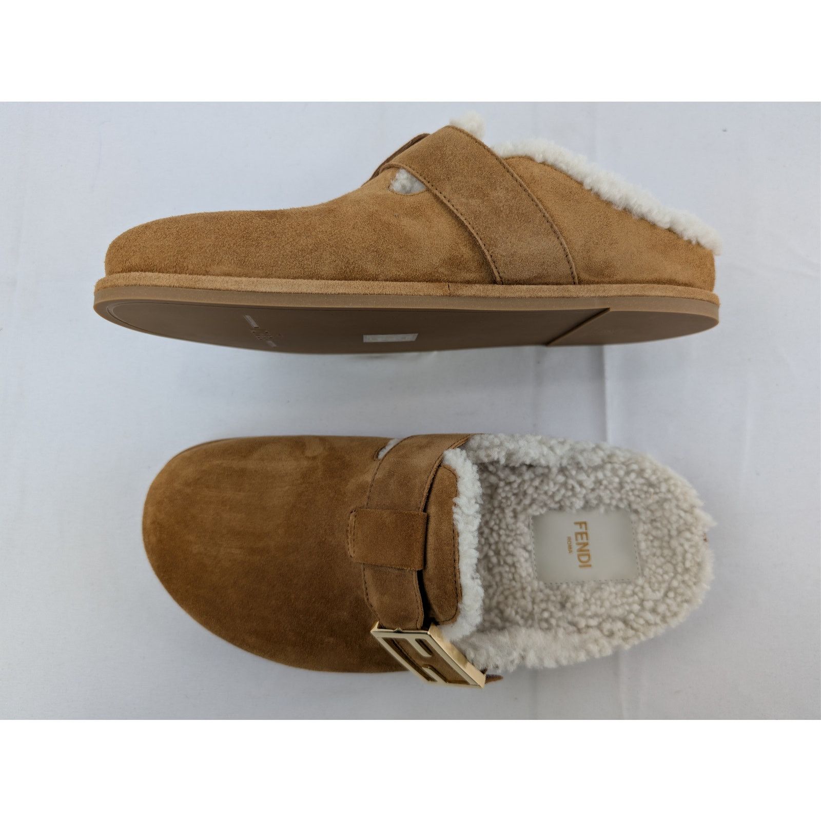 Fendi o1rshd1 Leather Feel Suede Shearling Slippers Caramel Brown Size US 8 / IT 38 - 1 Thumbnail