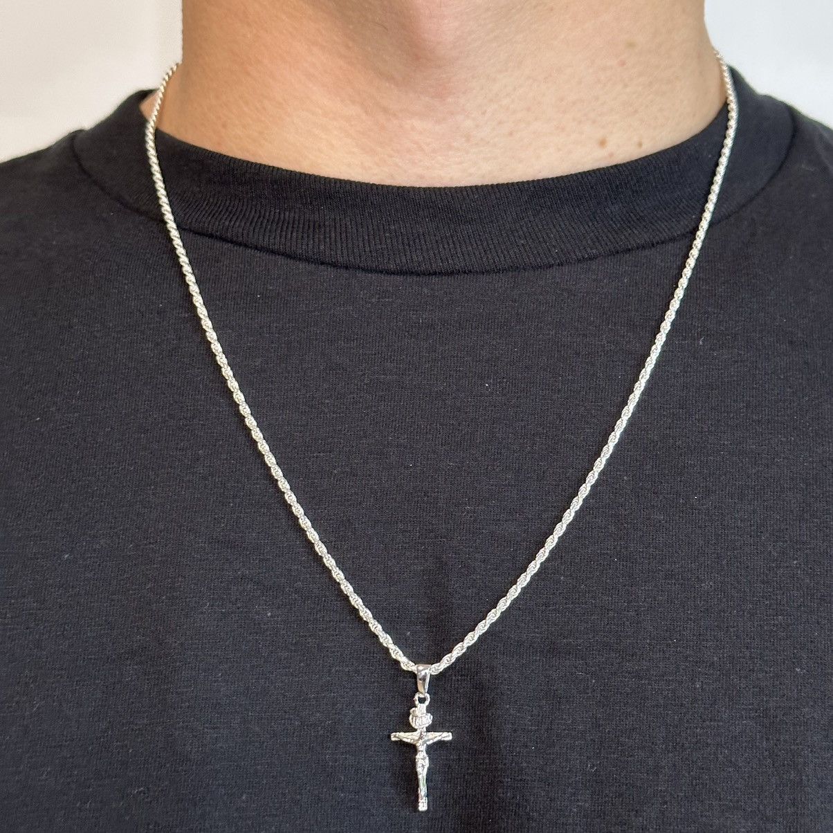 Jewelry Solid .925 Sterling Silver Rope Chain And Cross Set 2mm 22” Size ONE SIZE - 1 Thumbnail