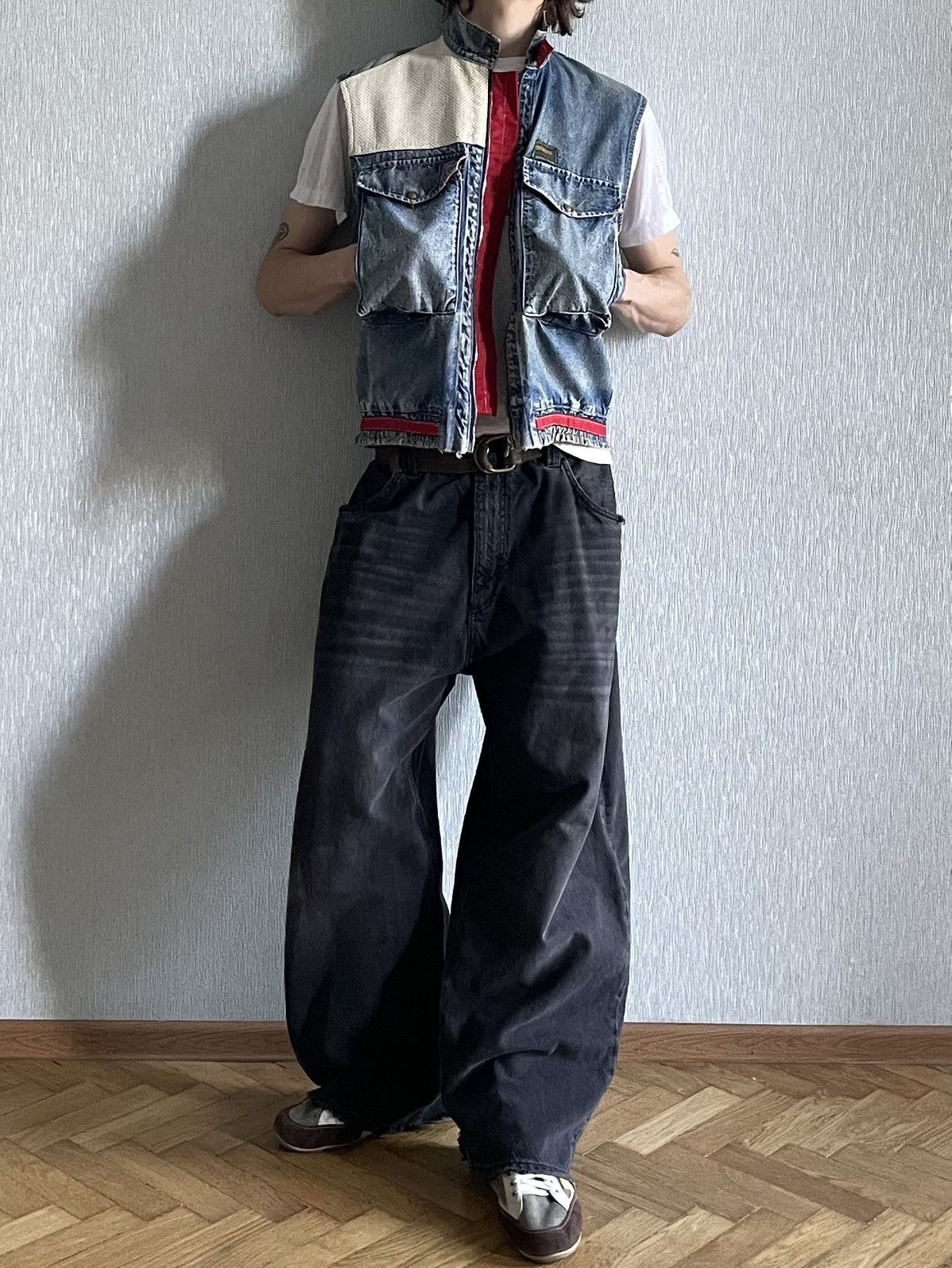 Vintage 1970s Leather Vest On Riri Zipper, Stonewashed Denim- Wescot Size US L / EU 52-54 / 3 - 17 Thumbnail