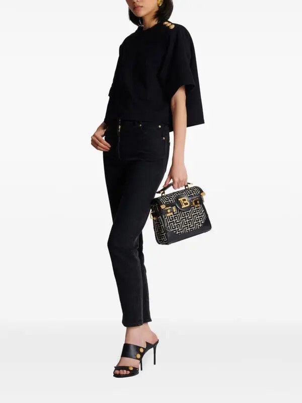 Balmain o1s1wg110725 Button Detail Cropped Sweatshirt in Black Size S / US 4 / IT 40 - 3 Thumbnail