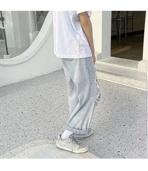Anime × Jean Pants Light Blue Hole Jeans for Men Summer Fashion Size US 29 - 4 Thumbnail