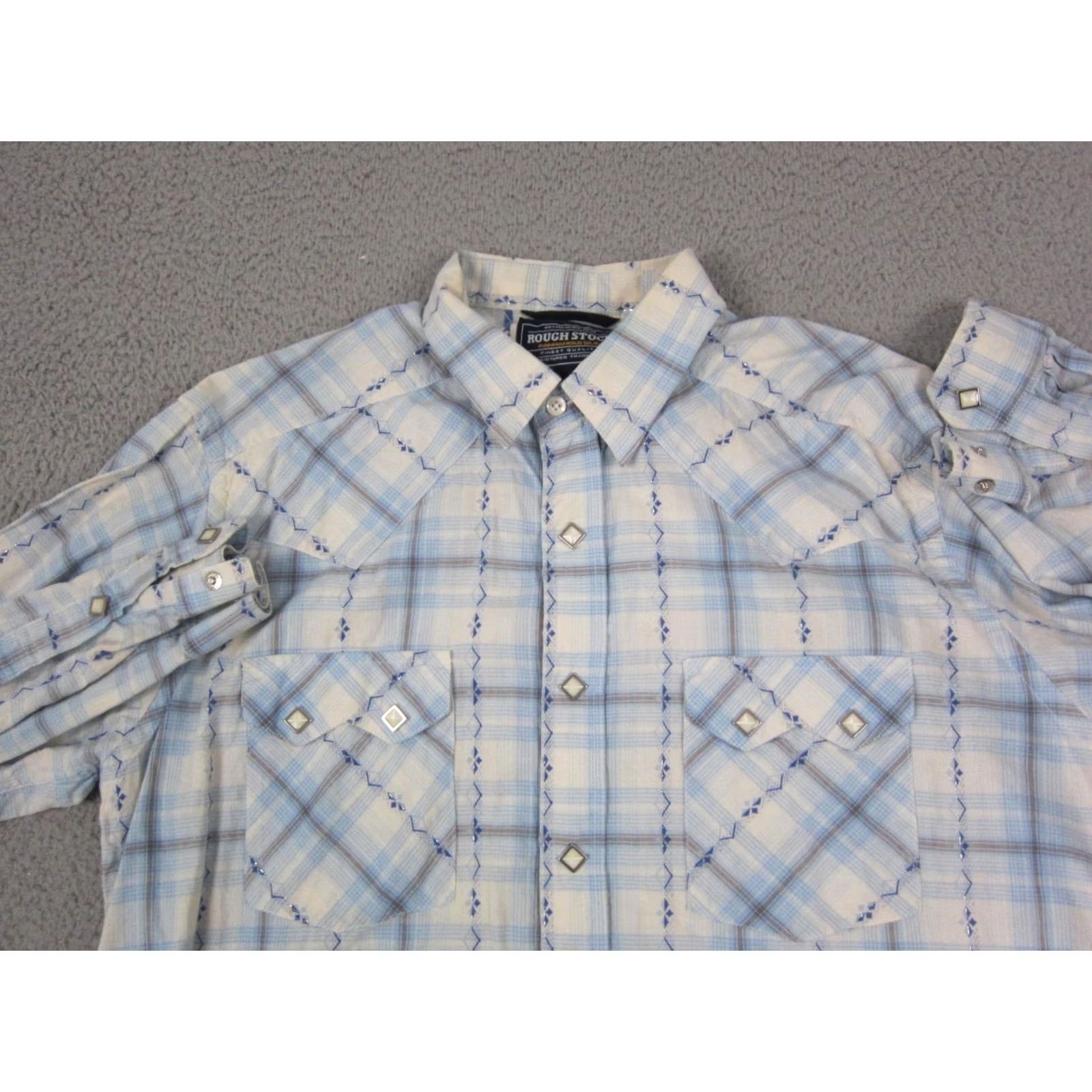 Vintage Rough Stock Shirt Mens Large White Blue Plaid Panhandle Western Slim Snap 90s Size US L / EU 52-54 / 3 - 2 Thumbnail