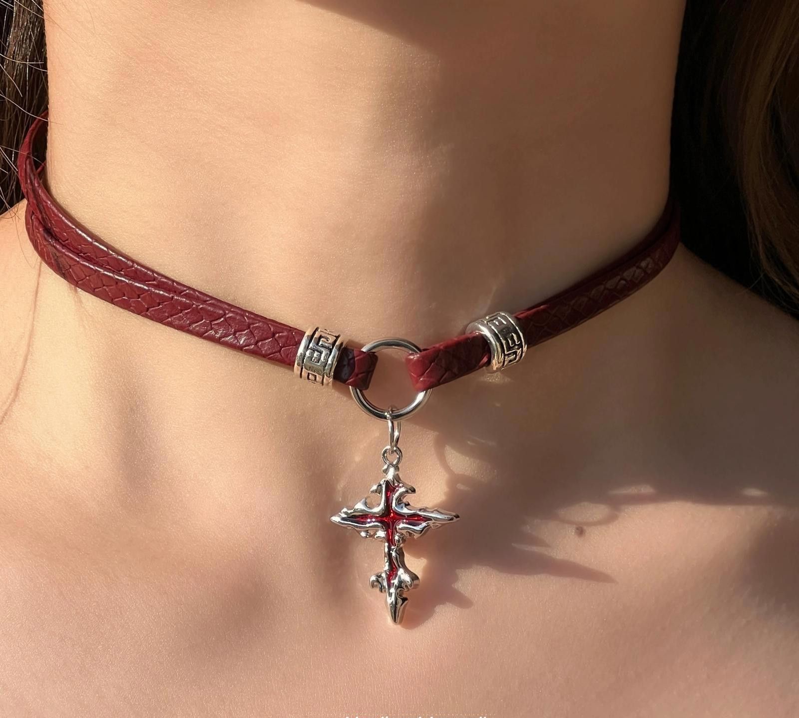 Jewelry Red Leather Cross Charm Choker Necklace, Gothic Jewelry Size ONE SIZE - 5 Thumbnail