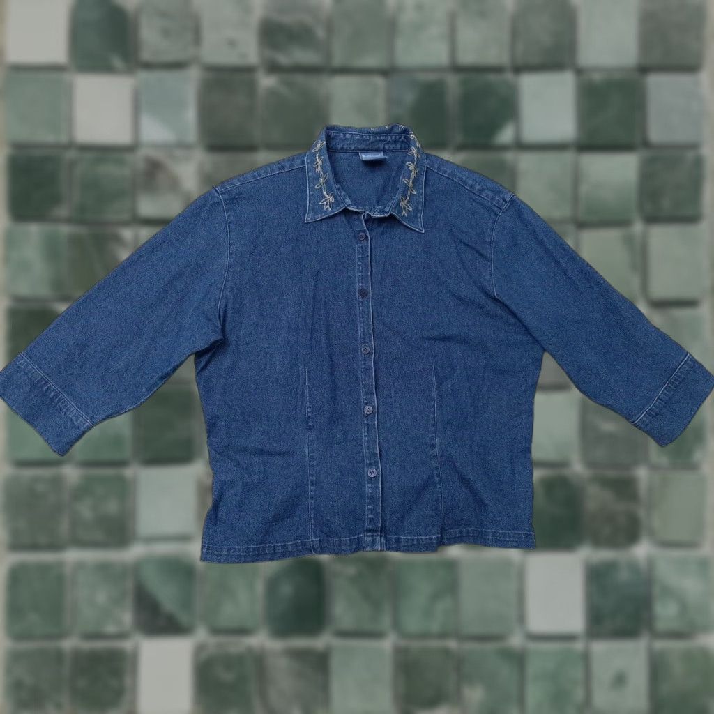 Talbots WESTBOUND Button Down Blue Denim Jacket Petite Medium PM Floral Stitch Women Jacket Size M / US 6-8 / IT 42-44 - 1 Thumbnail