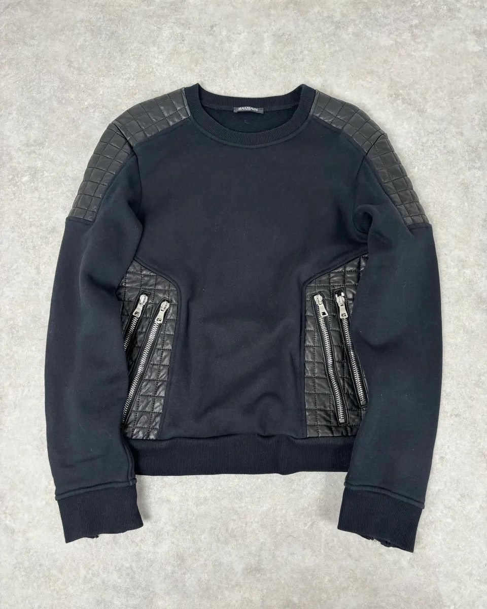 Balmain 2010s Balmain Black Quilted Leather Pocket Sweater Size US M / EU 48-50 / 2 - 1 Thumbnail