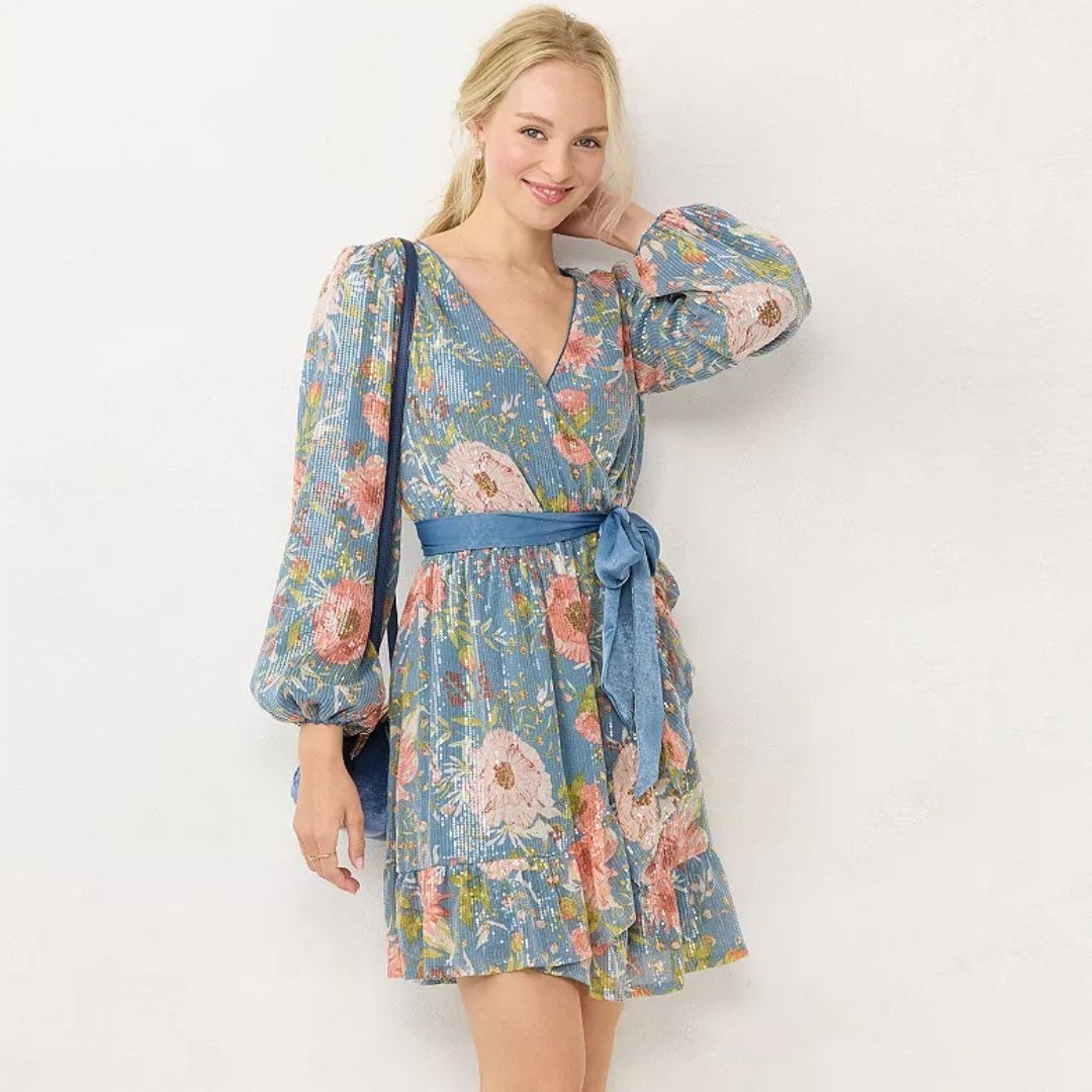 Lauren Conrad NEW LC Lauren Conrad Faux Wrap Fit & Flare Dress Sequin Size S / US 4 / IT 40 - 2 Thumbnail