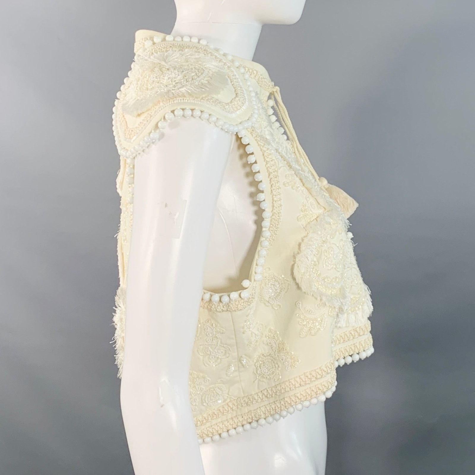 Figue Cream Cotton Embellished Beaded Fringe Cap Sleeve Vest Size S / US 4 / IT 40 - 5 Thumbnail