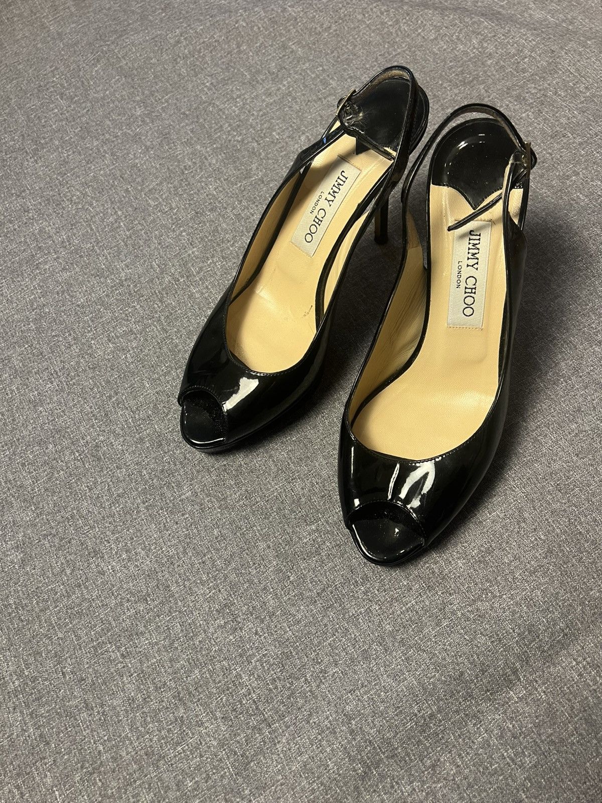 Jimmy Choo Jimmy Choo Black Patent Leather Slingback Heels Peep Toe Size US 8.5 / IT 38.5 - 3 Thumbnail