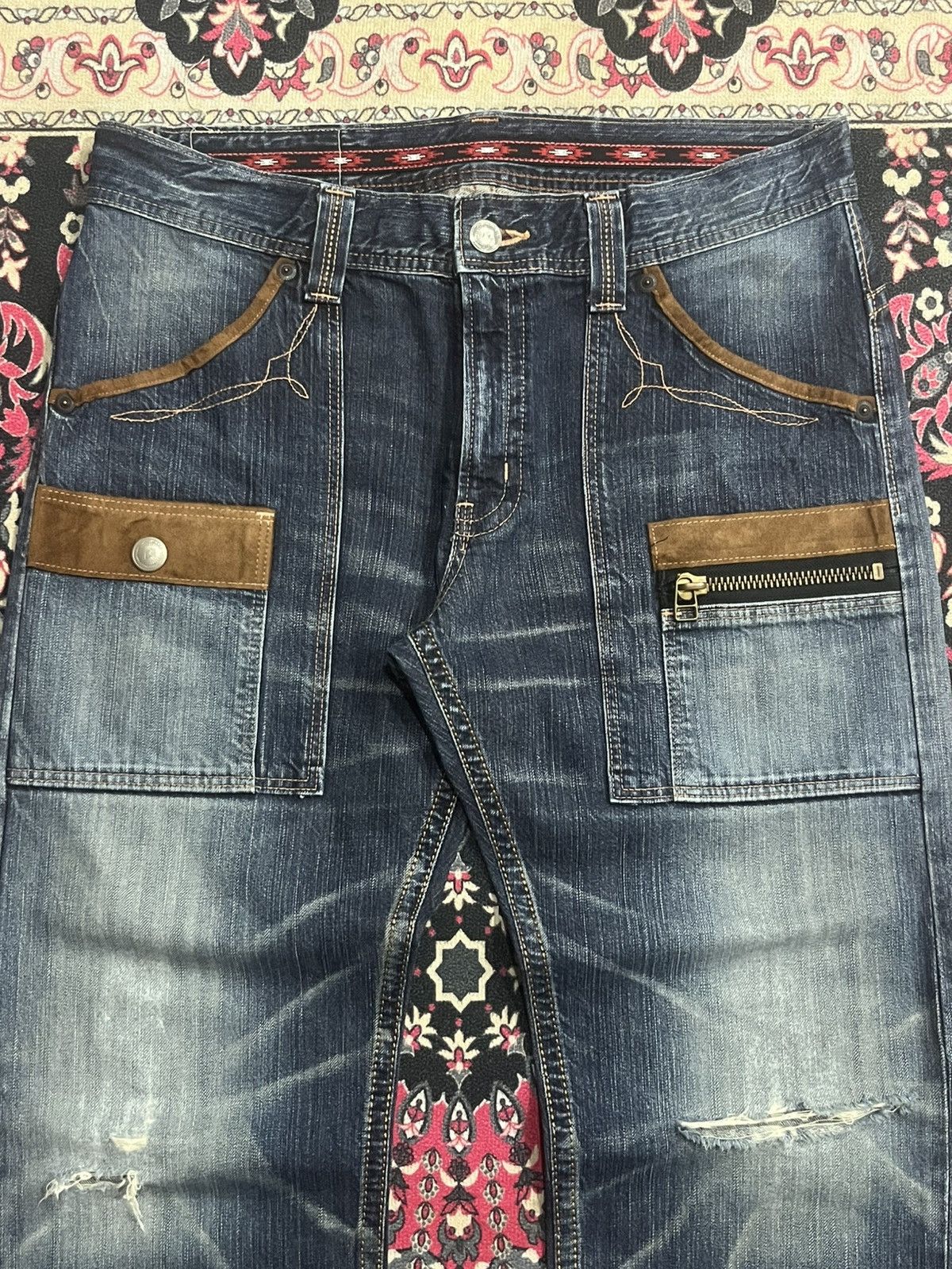 Who Decides War Vintage Edwin XV Double Pocket Blue Washed Whisker Rip Jeans Size US 34 / EU 50 - 4 Thumbnail