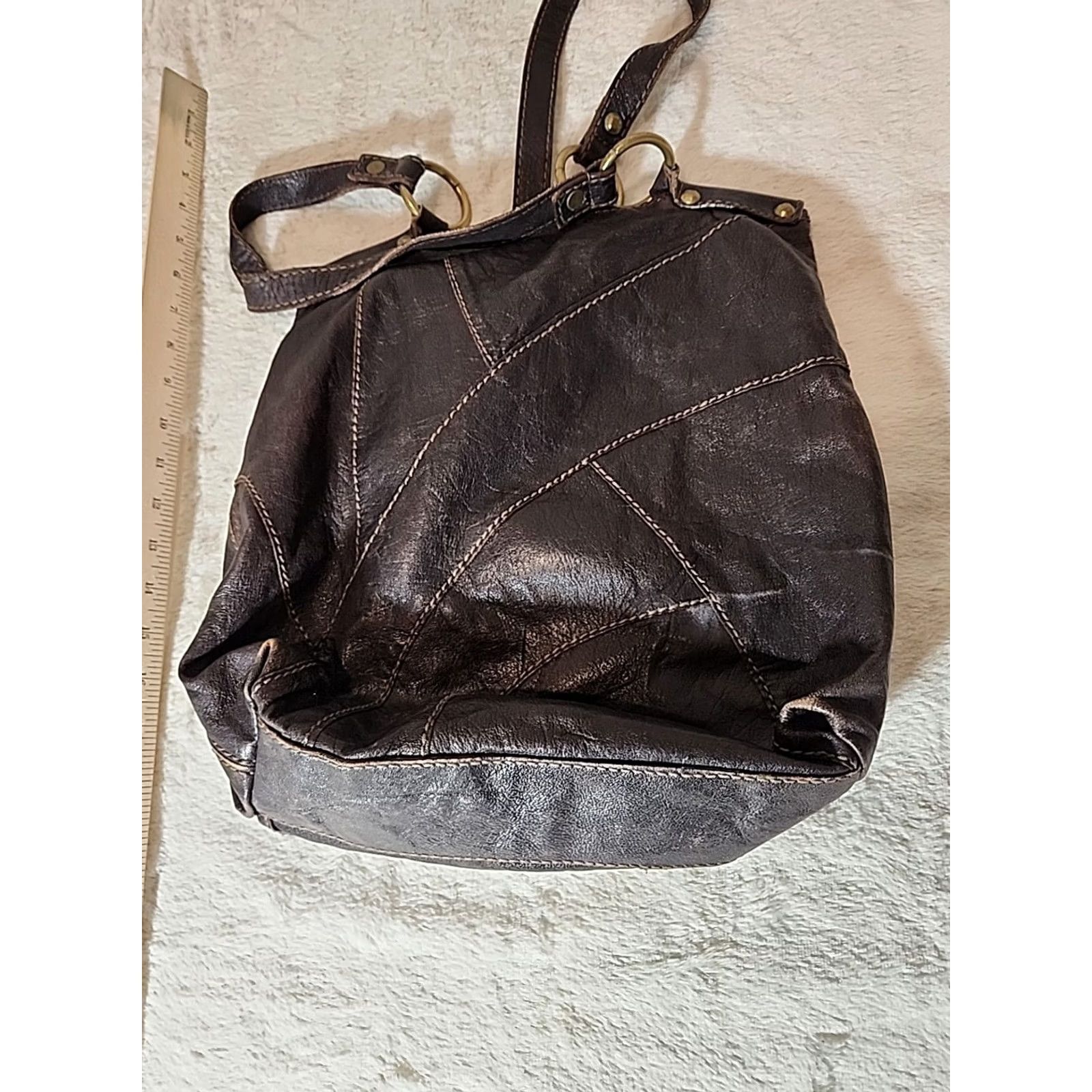 Fossil Fossil Handbag Hobo Bag Leather Patchwork Quilted Brown Large 23X13" Womens Vintage Bag Purse Size ONE SIZE - 5 Thumbnail