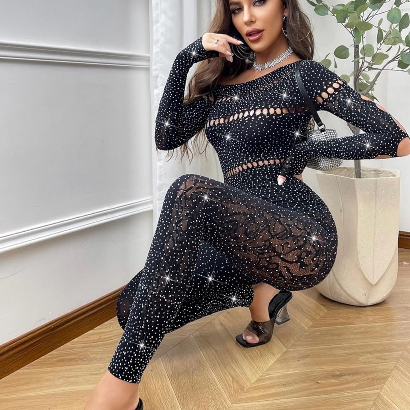 Other New Elegant Black Rhinestone Jumpsuit one size Size 27" / US 4 / IT 40 - 1 Thumbnail