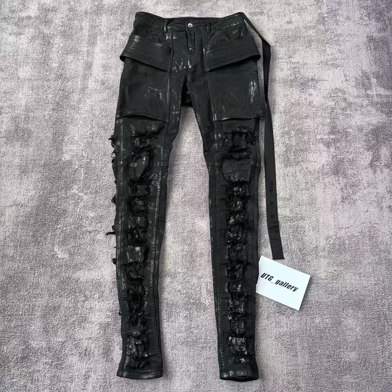 Rick Owens Drkshdw Rick Owens DRKSHDW Waxed Easy Creatch Distressed Denim Pants Size US 29 - 1 Thumbnail