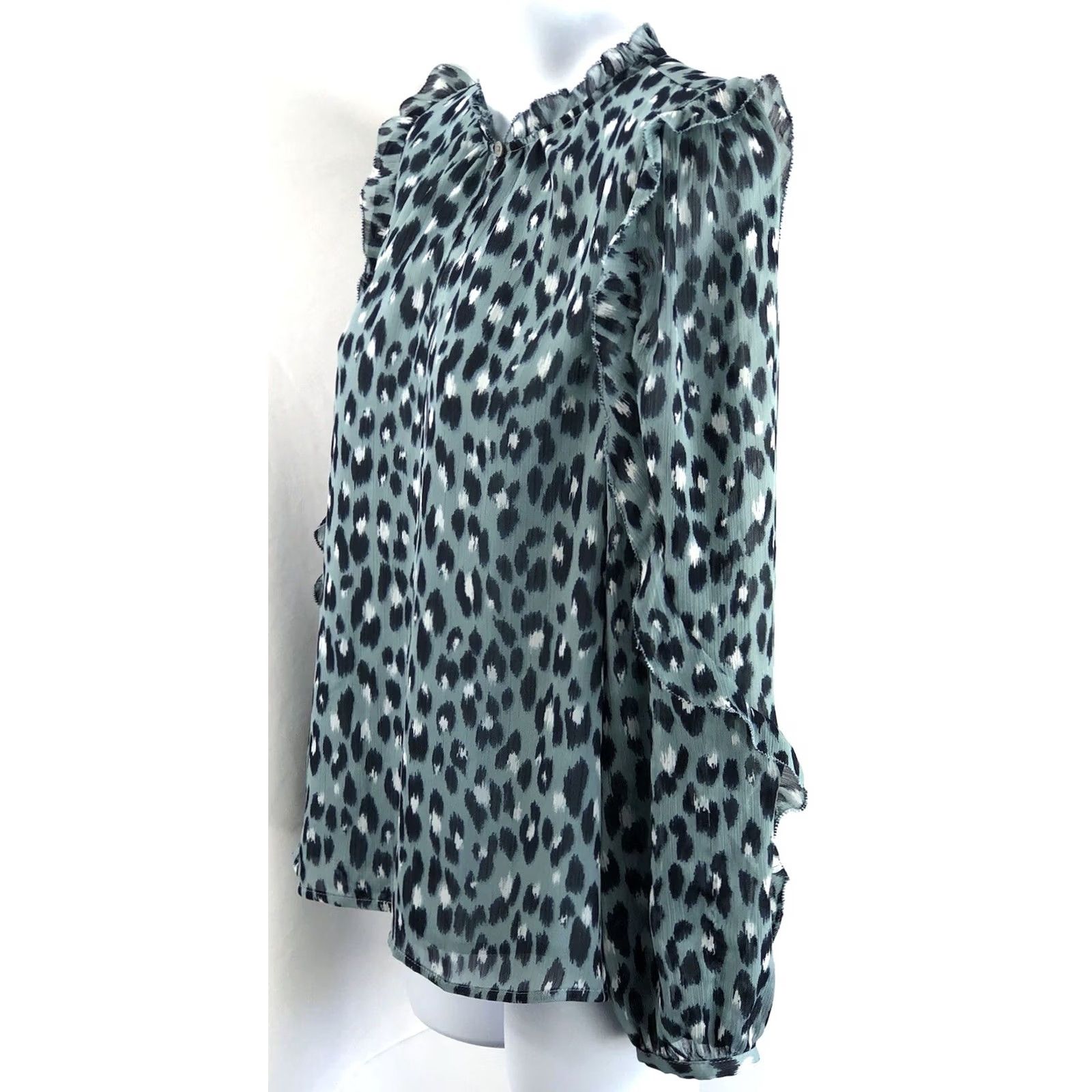 Ann Taylor VINTAGE AnnTaylor loft Blouse Shirt PM Blue Leopard Ruffle Balloon Sleeve 90s Glam Womens Size M / US 6-8 / IT 42-44 - 2 Thumbnail