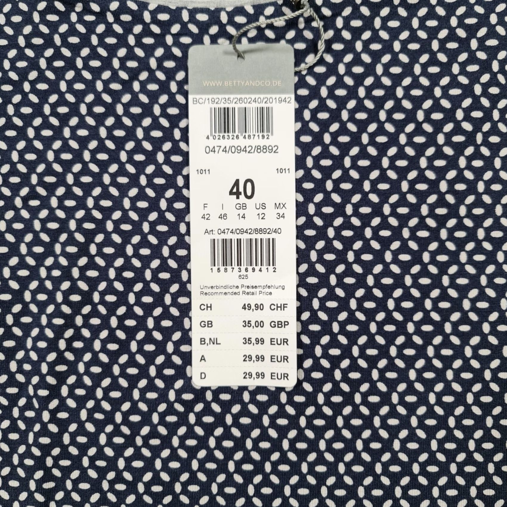 CO Betty & CO Womens T Shirt Navy Blue 14 UK Geometric Print Long Sleeve Stretch Top Size XL / US 12-14 / IT 48-50 - 3 Thumbnail