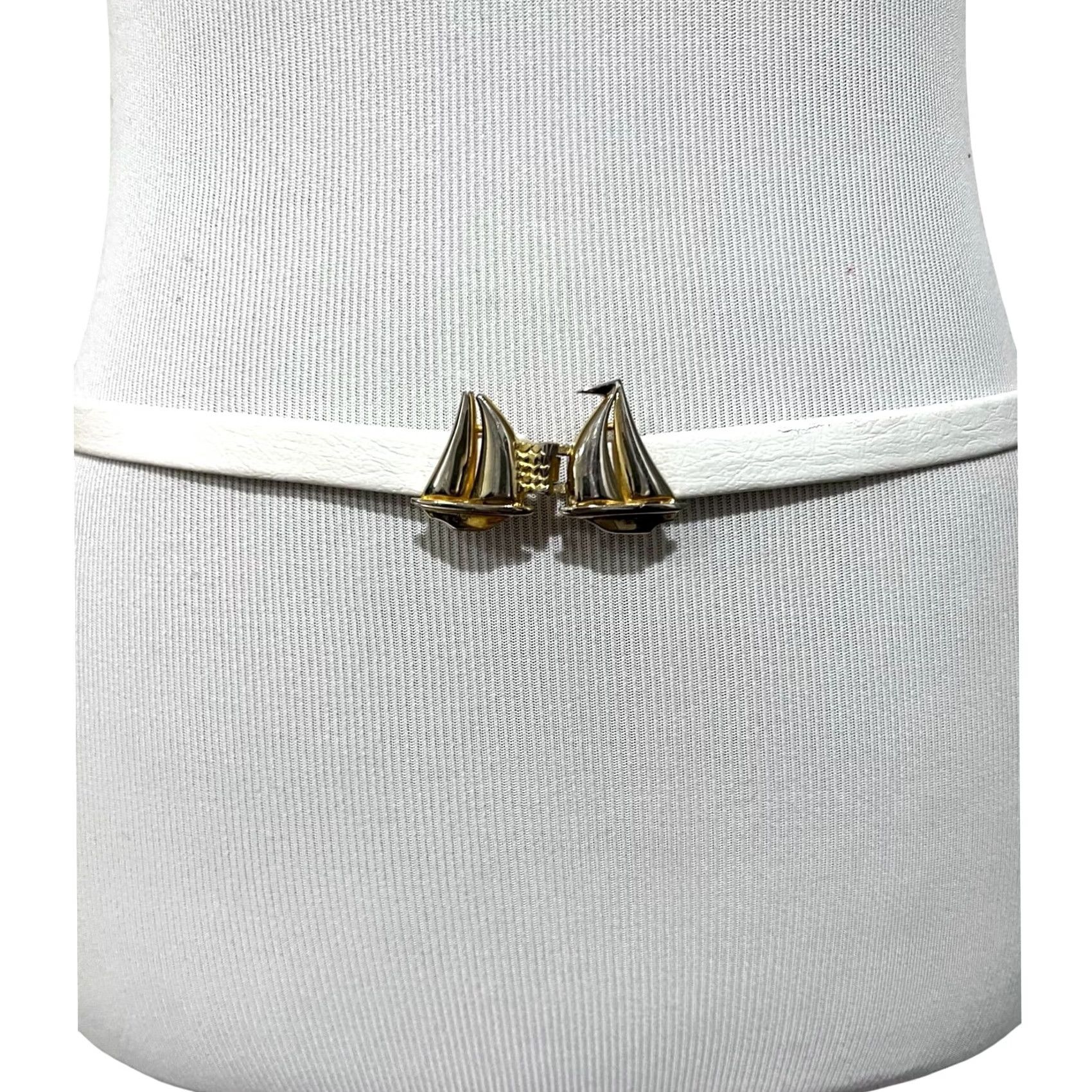 Vintage Sailboat Womens Belt Skinny White Gold Tone Boat Buckle Nautical Adjustable Size ONE SIZE - 4 Thumbnail
