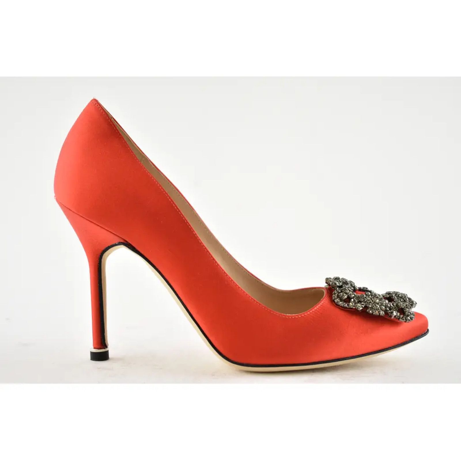 Manolo Blahnik Hangisi 105 Rosso Satin Crystal Jewel Buckle Heel Pump 36.5 Size US 6.5 / IT 36.5 - 2 Thumbnail