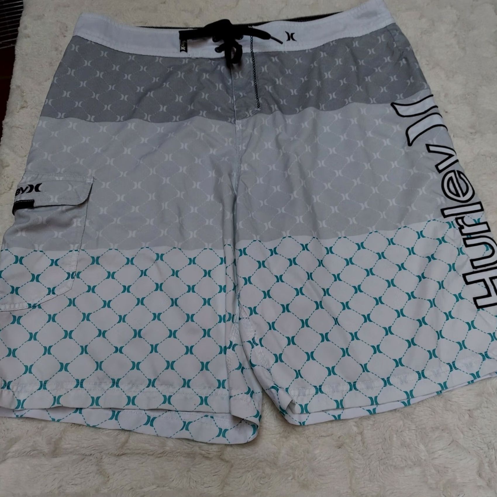 Hurley Hurley Men's Beach Trunks 3-Tone Print Swim Shorts Drawstring Waist With Pocket Gray Adult Large Size US 38 / EU 54 - 2 Thumbnail