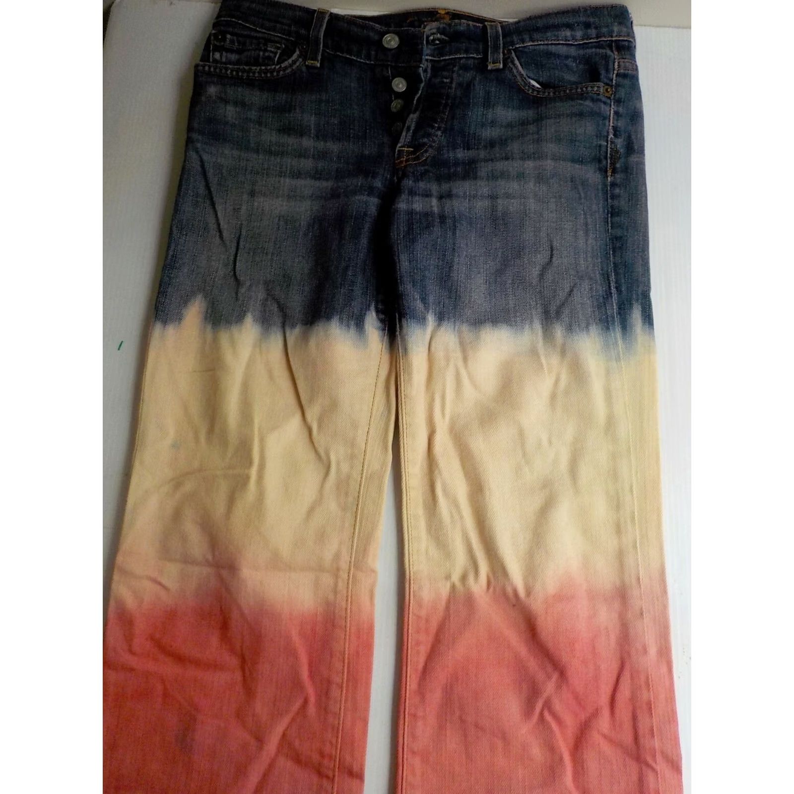 7 For All Mankind 7 FOR ALL MANKIND "boycut" Button Fly Tie Dye Jeans Blue/Ivory/Pink SZ 28X29 Womens Denim Cotton/Elastane Bootcut 98% Cotton 2% Elastane Jeans Size 28" / US 6 / IT 42 - 3 Thumbnail