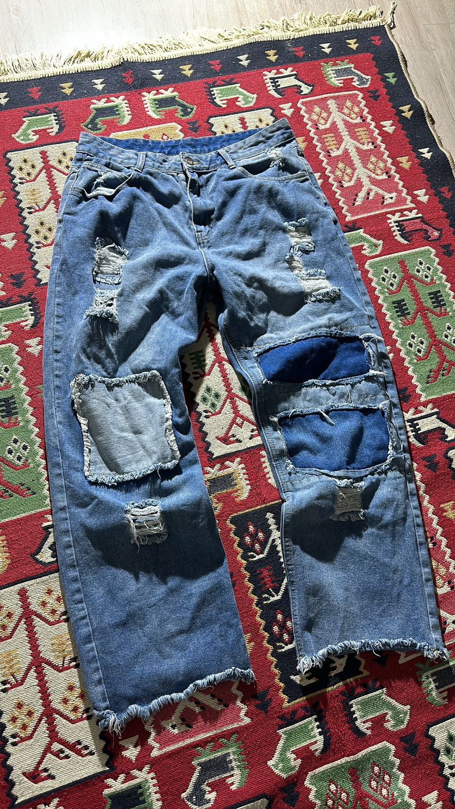 Japanese Brand Crazy Japanes Patchwork IfSixWasNine Style Baggy Y2K Jeans Size US 33 - 2 Thumbnail