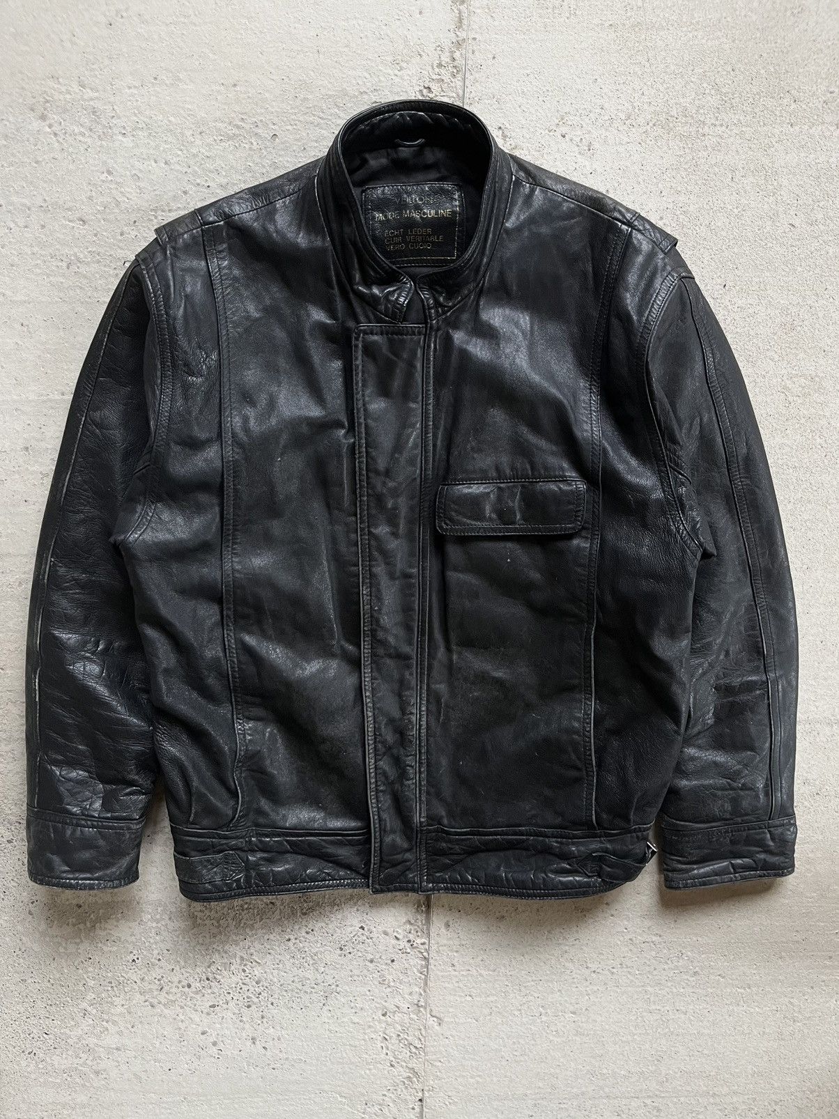 image of Leather Jacket x Vintage German Distressed Leather Moto/bomber Jacket in Black, Men's (Size Medium)