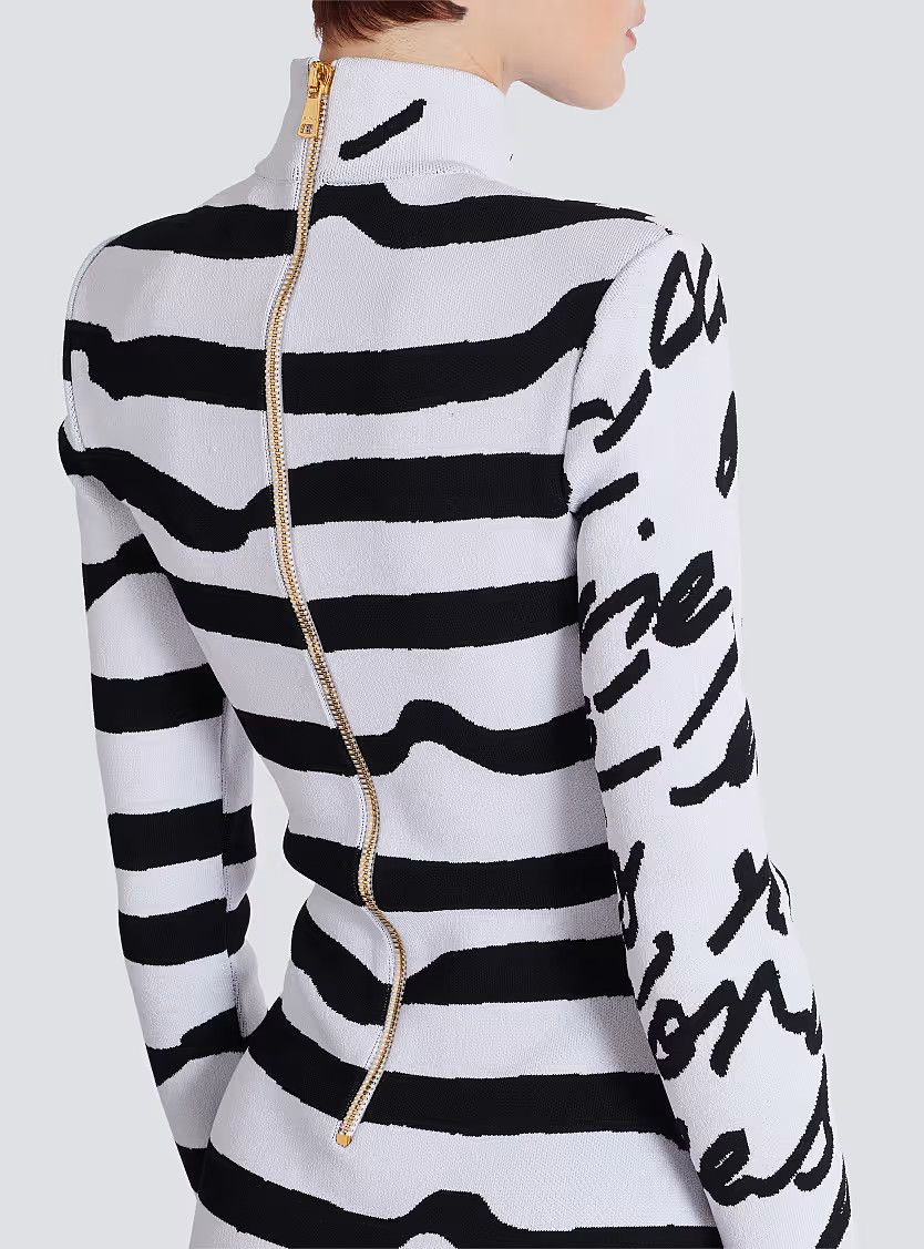 Balmain o1s1wg111225 Striped jacquard Knit Dress in White/Black Size S / US 4 / IT 40 - 7 Thumbnail