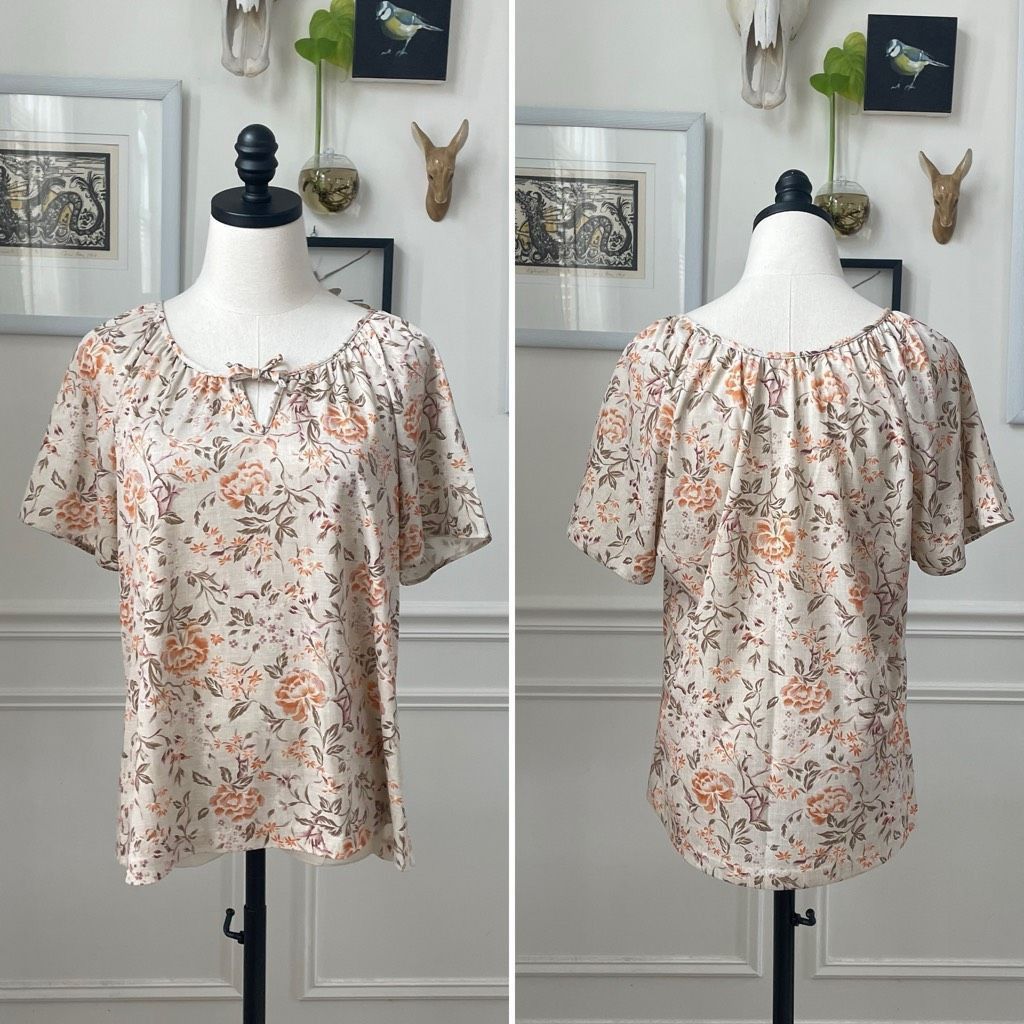 Vintage Vintage 70s Peasant Style Short Sleeve Top Keyhole Tie Flora Size L / US 10 / IT 46 - 1 Thumbnail