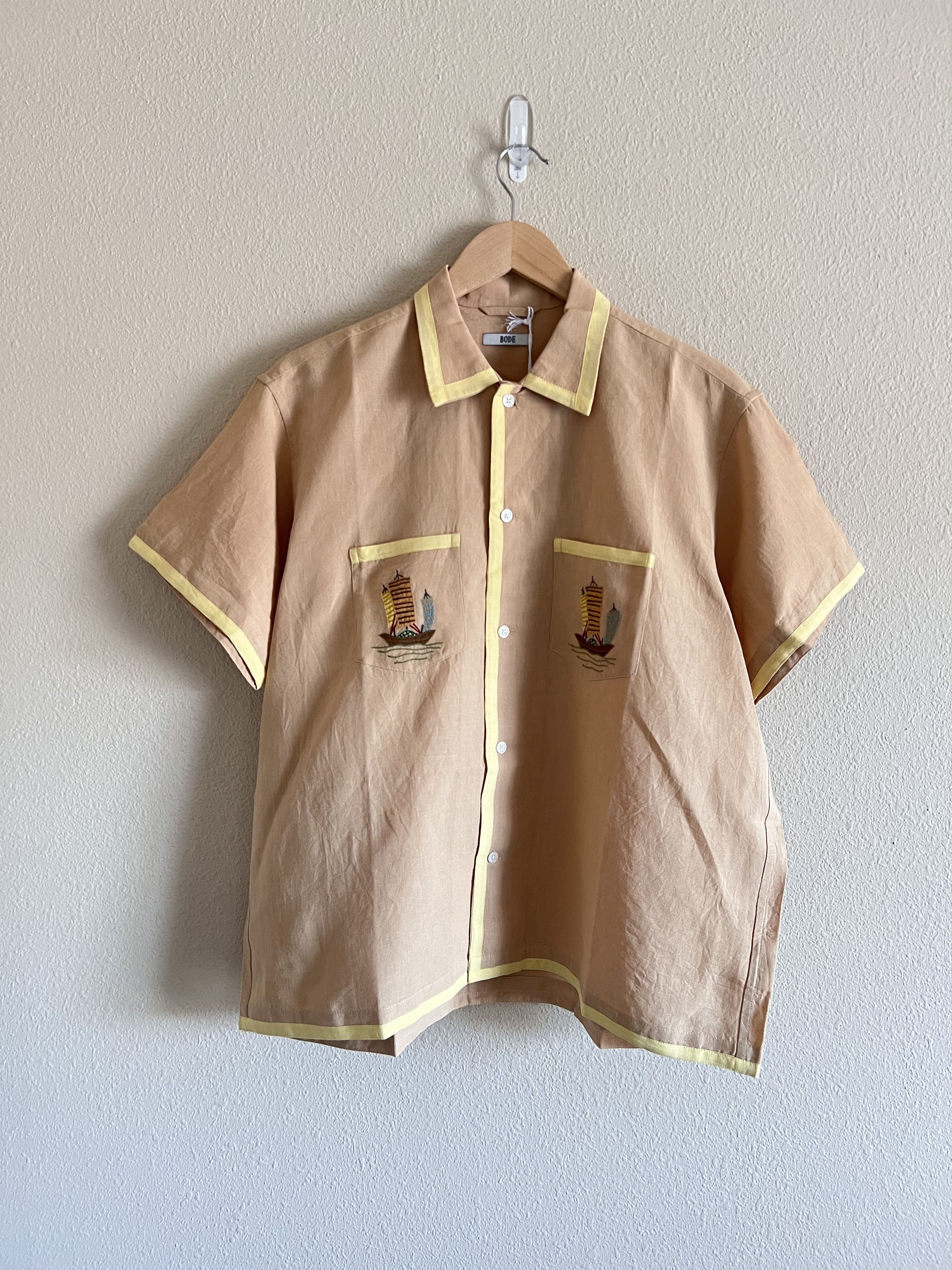 Image of Bode Ship Applique Short Sleeve Button Up Shirt in Tan, Men's (Size Large)