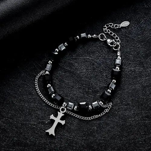 Jewelry Black Beaded Cross Charm Men's Bracelet Size ONE SIZE - 2 Thumbnail