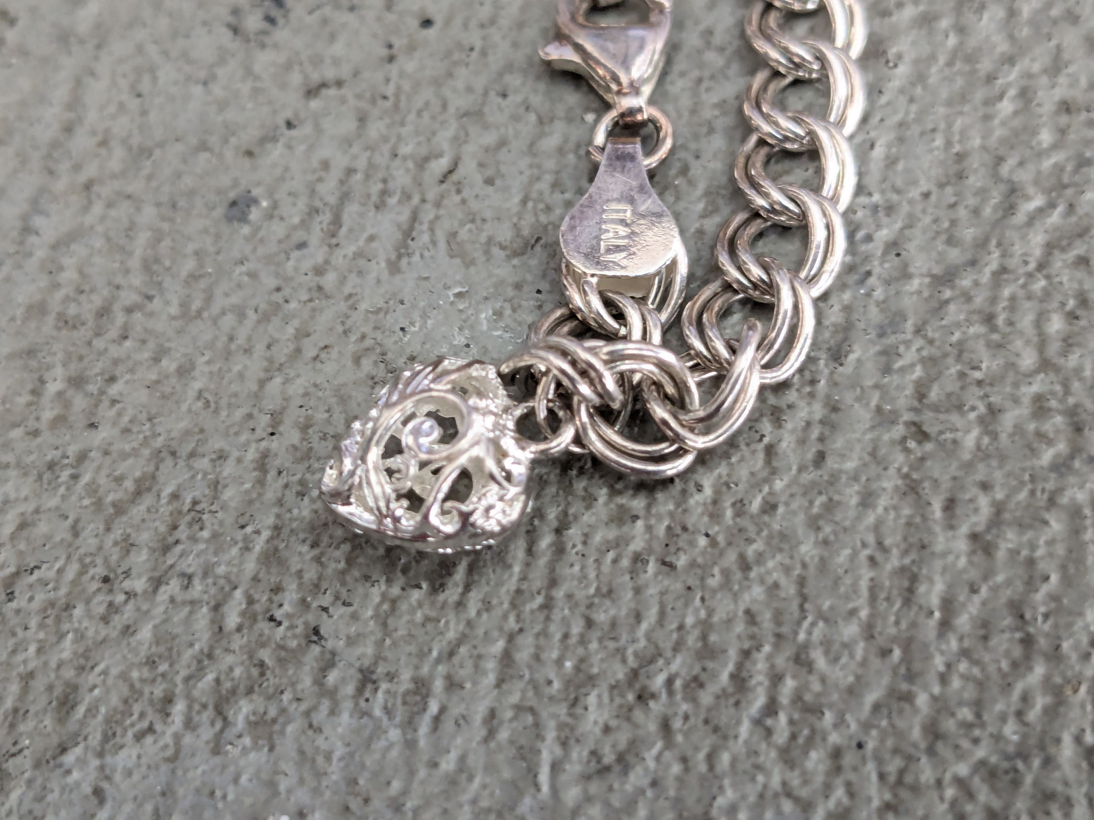 Jewelry Sterling Silver Bracelet Double Curb Heart Charm 7" Italy Size ONE SIZE - 8 Thumbnail