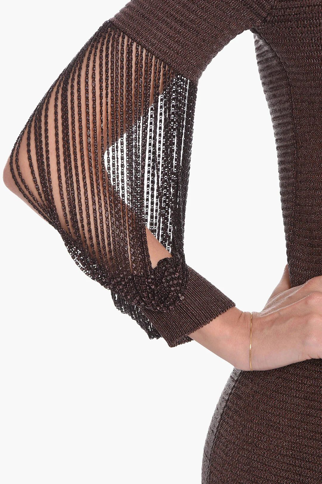 Bottega Veneta og1mm0426 Viscose Lamé Knit Midi Dress in Brown Size M / US 6-8 / IT 42-44 - 3 Thumbnail