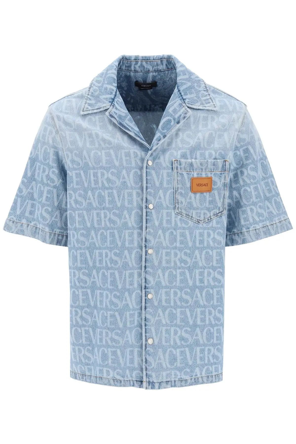 image of Versace O1S22I1N0124 Americana Fit Short Sleeve Denim Shirt In Blue, Men's (Size Small)