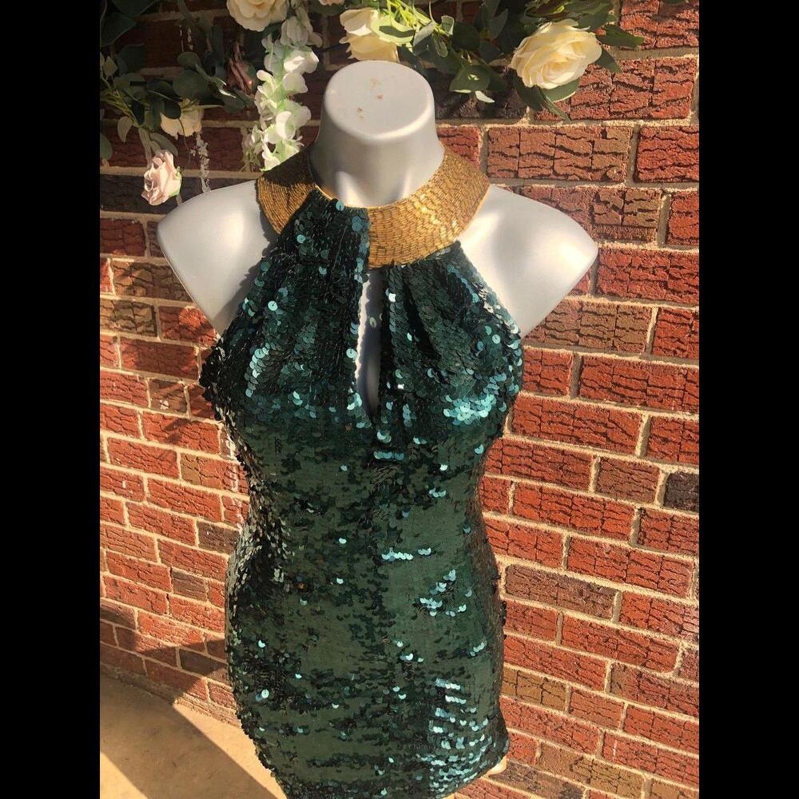 & Other Stories Dress Gown Wedding Green sequin Gold beaded collar halter Size S / US 4 / IT 40 - 5 Thumbnail