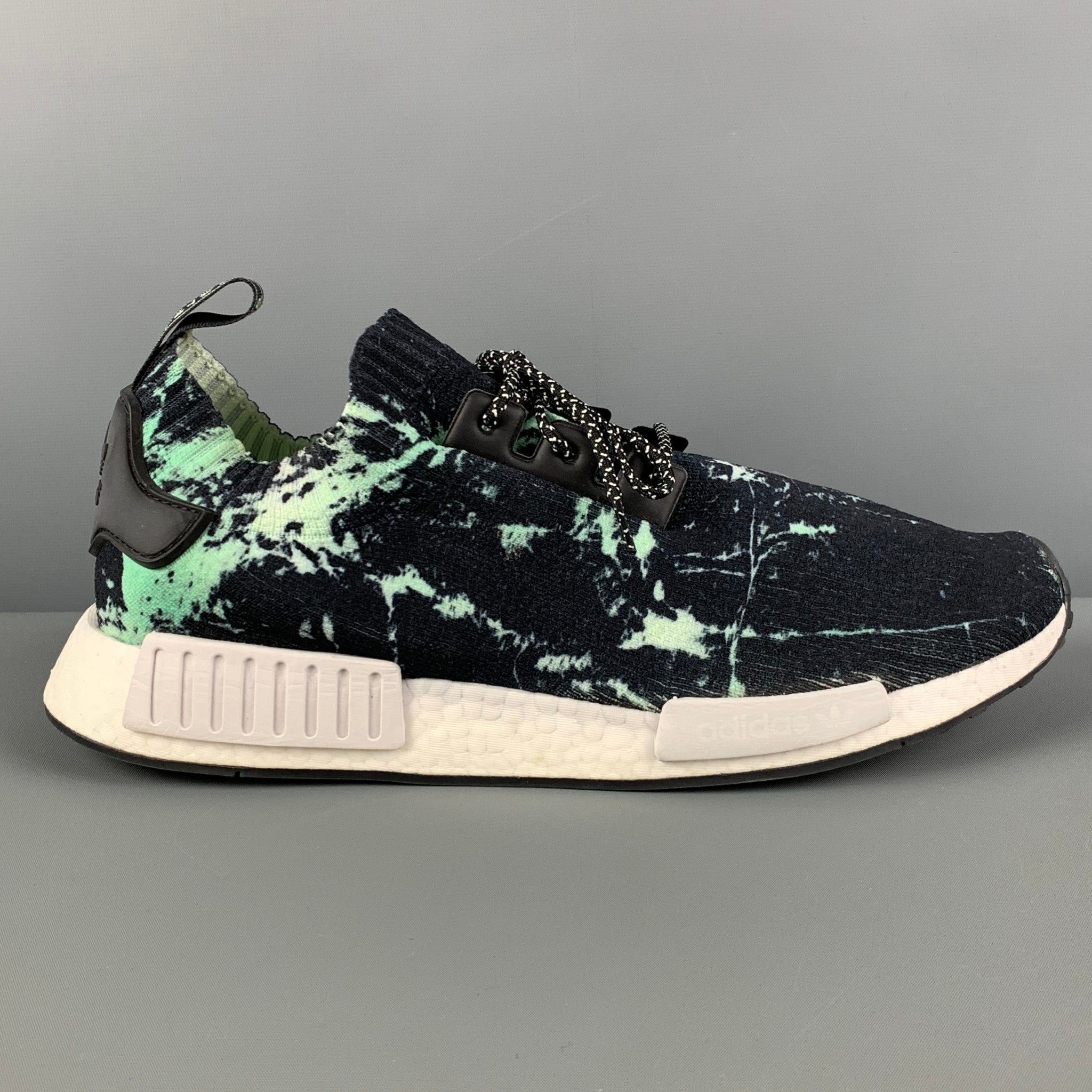 NMD R1 PK Black Green Splattered Nylon Lace Up Sneakers