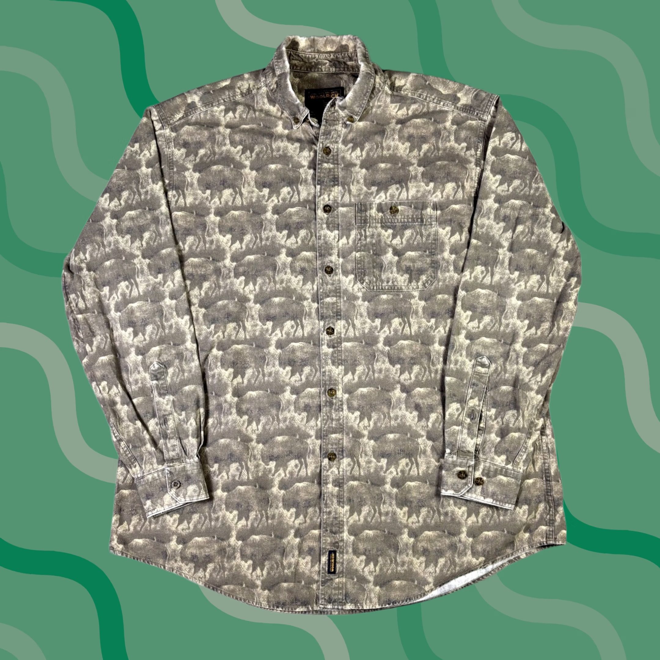 Vintage VINTAGE Woolrich Shirt Button-Up Animal Print 90s 2XL Mens Brown Cotton Twill Long Sleeve Button-Down Size US XXL / EU 58 / 5 - 1 Thumbnail