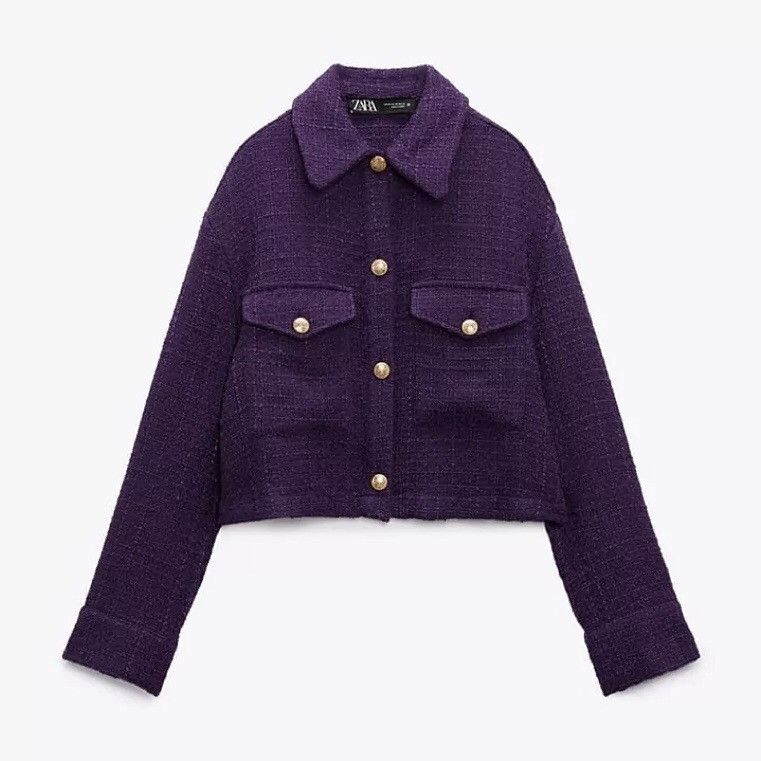 Zara Zara Cropped Tweed Purple Jacket Size S / US 4 / IT 40 - 6 Thumbnail