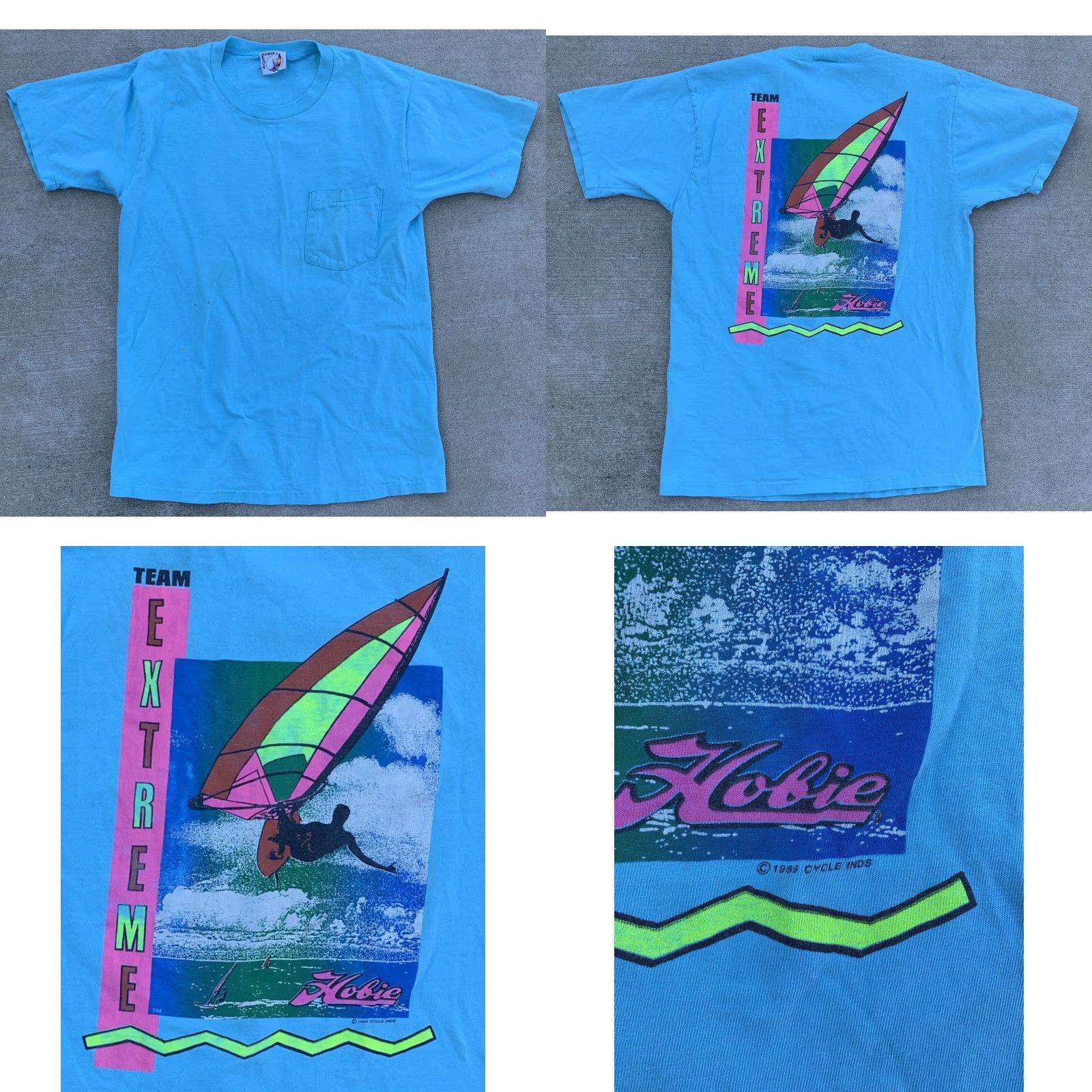 Vintage VINTAGE Hobie Team Extreme Pocket Tee T Shirt 1989 Windsurfer L Blue Mens Shirt Pocket Tee 80s Hobie Windsurfing Size US L / EU 52-54 / 3 - 8 Thumbnail