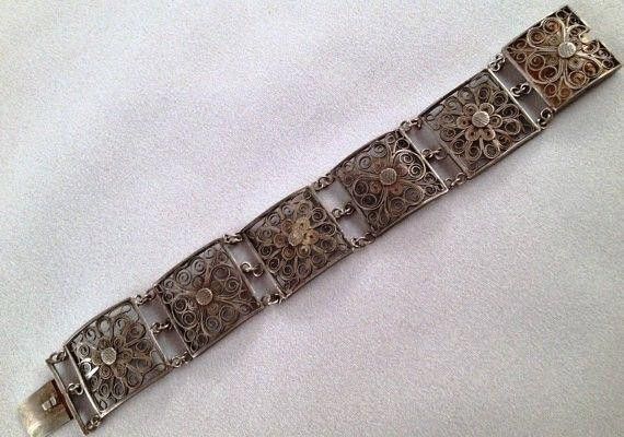 Designer Art Deco Chinese Sterling Silver Square Filigree Bracelet Size ONE SIZE - 4 Thumbnail