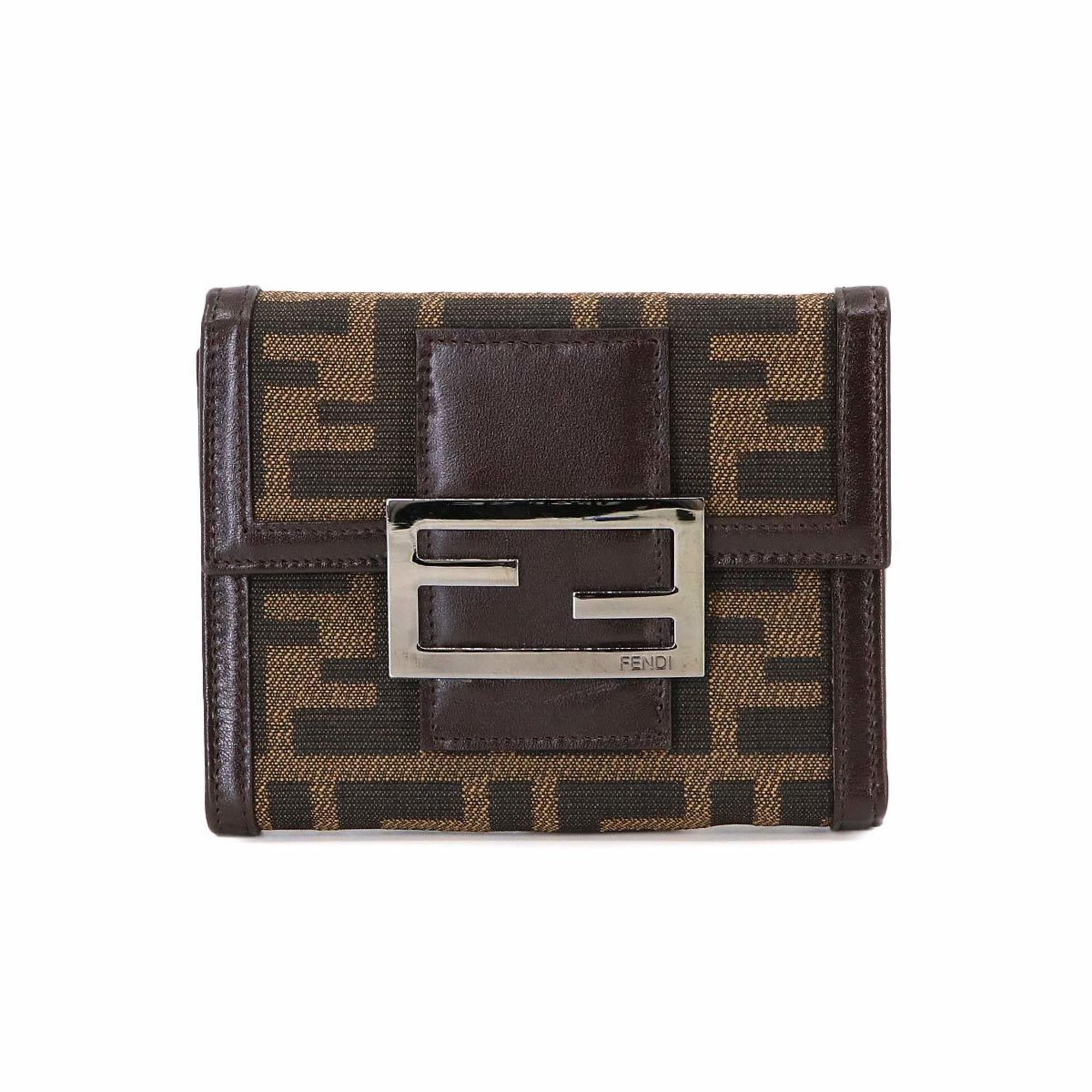 image of Fendi Zucca Pattern Bi-Fold Wallet Canvas Leather Brown 31099 Silver Hardware Compact Wallet, Women