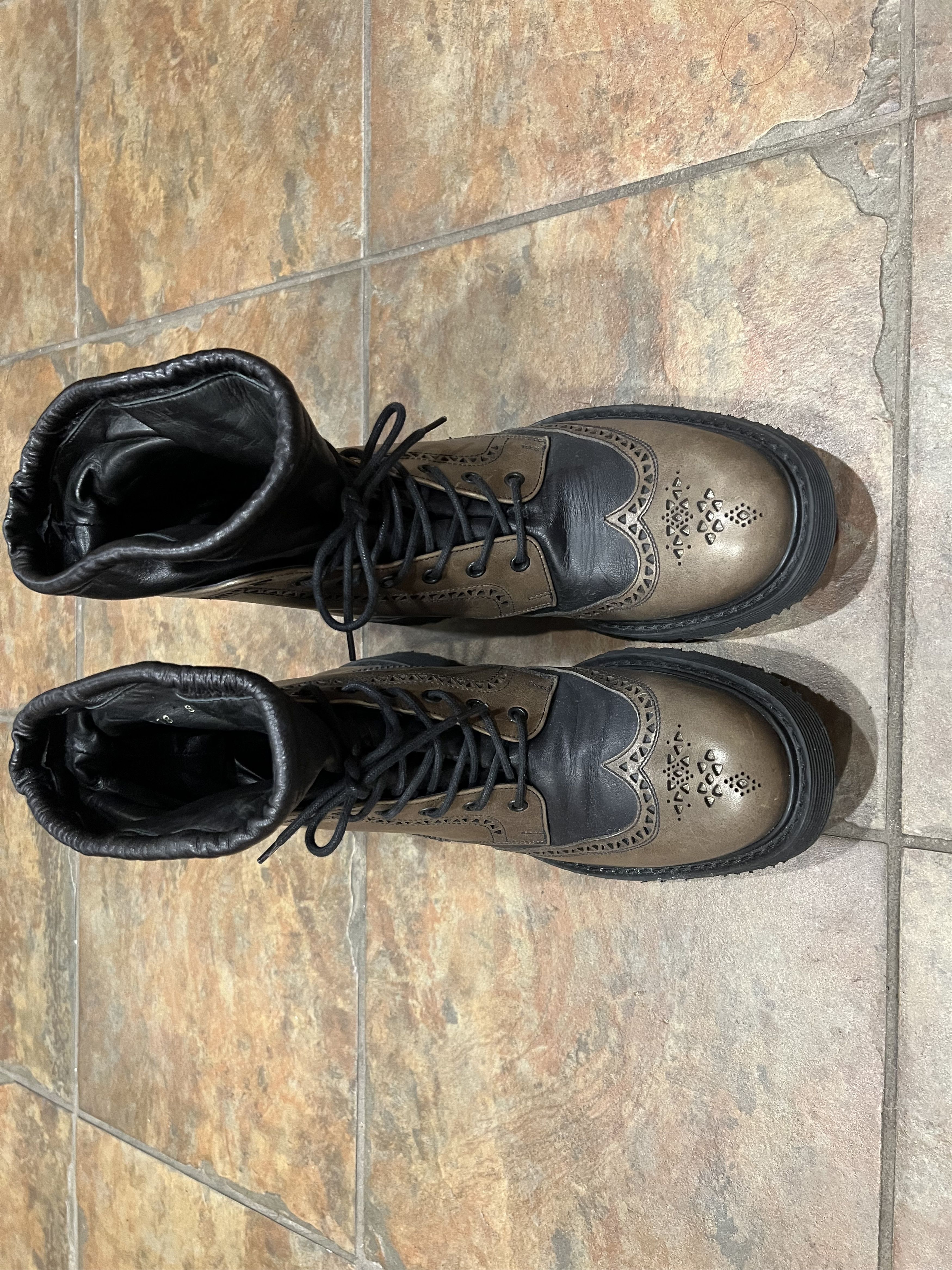 Prada Milano Cinched Black and Olive Wingtip Boots