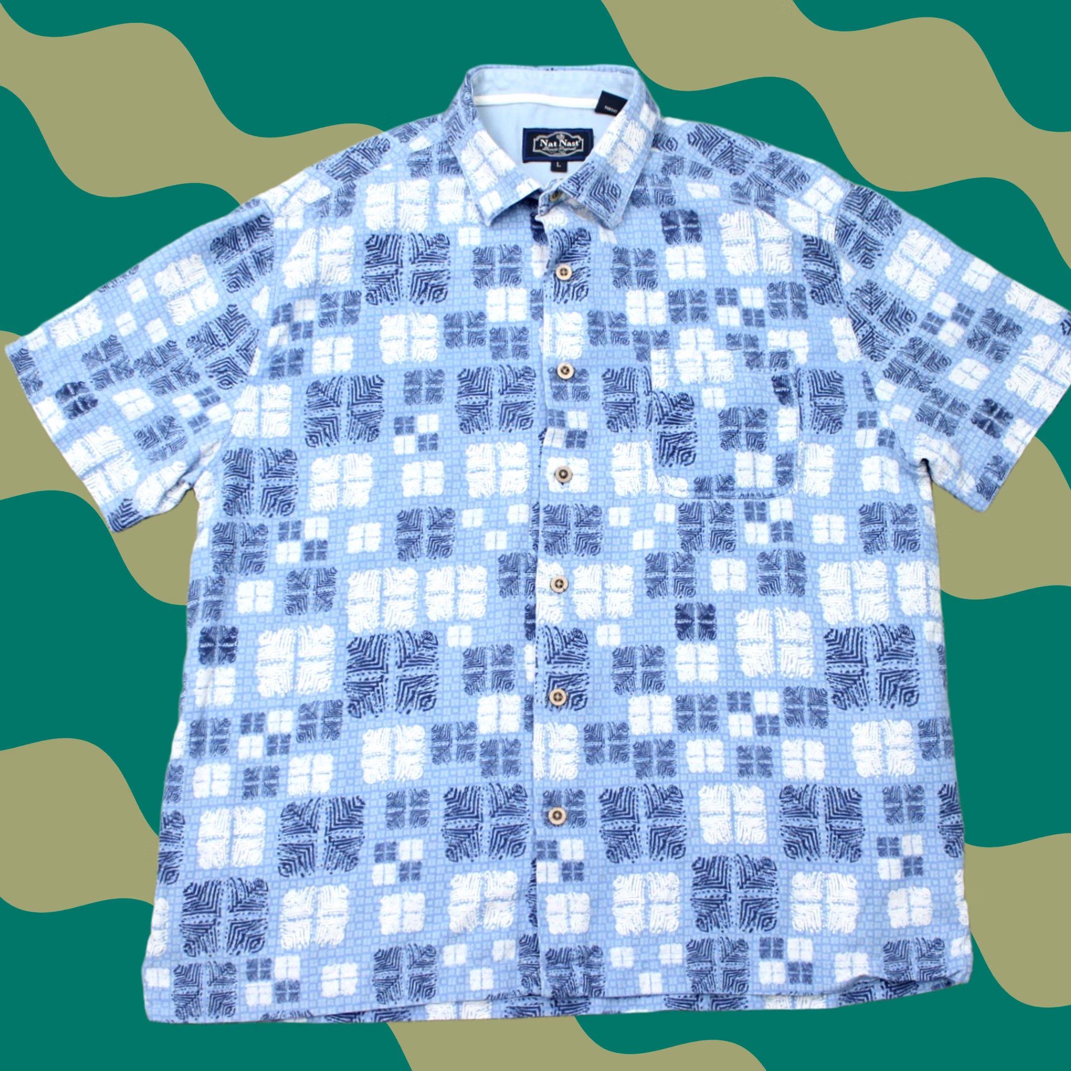 Nat Nast Nat Nast Shirt Mens Large Blue Geometric Silk/Cotton Button-Up Short Sleeve Everyday Wear Mens Large Blue Geometric Silk/Cotton Button-Up Size US L / EU 52-54 / 3 - 1 Thumbnail