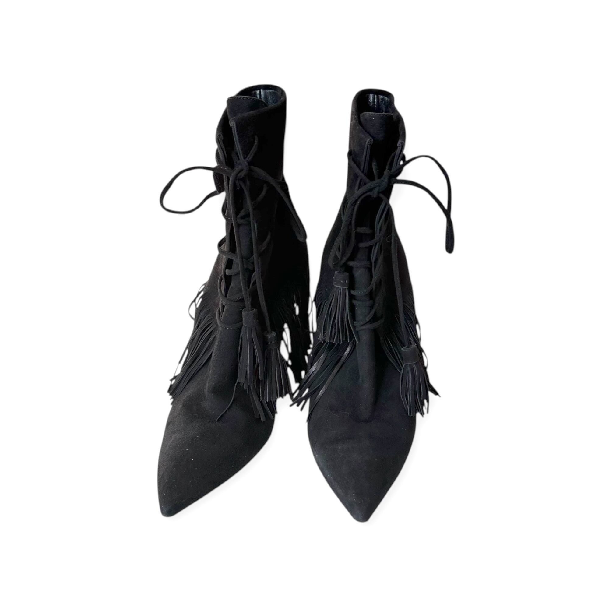 Aquazzura AQUAZZURA Mustang 105 Fringe Heeled Ankle Boots In Black Sue Size US 7 / IT 37 - 3 Thumbnail