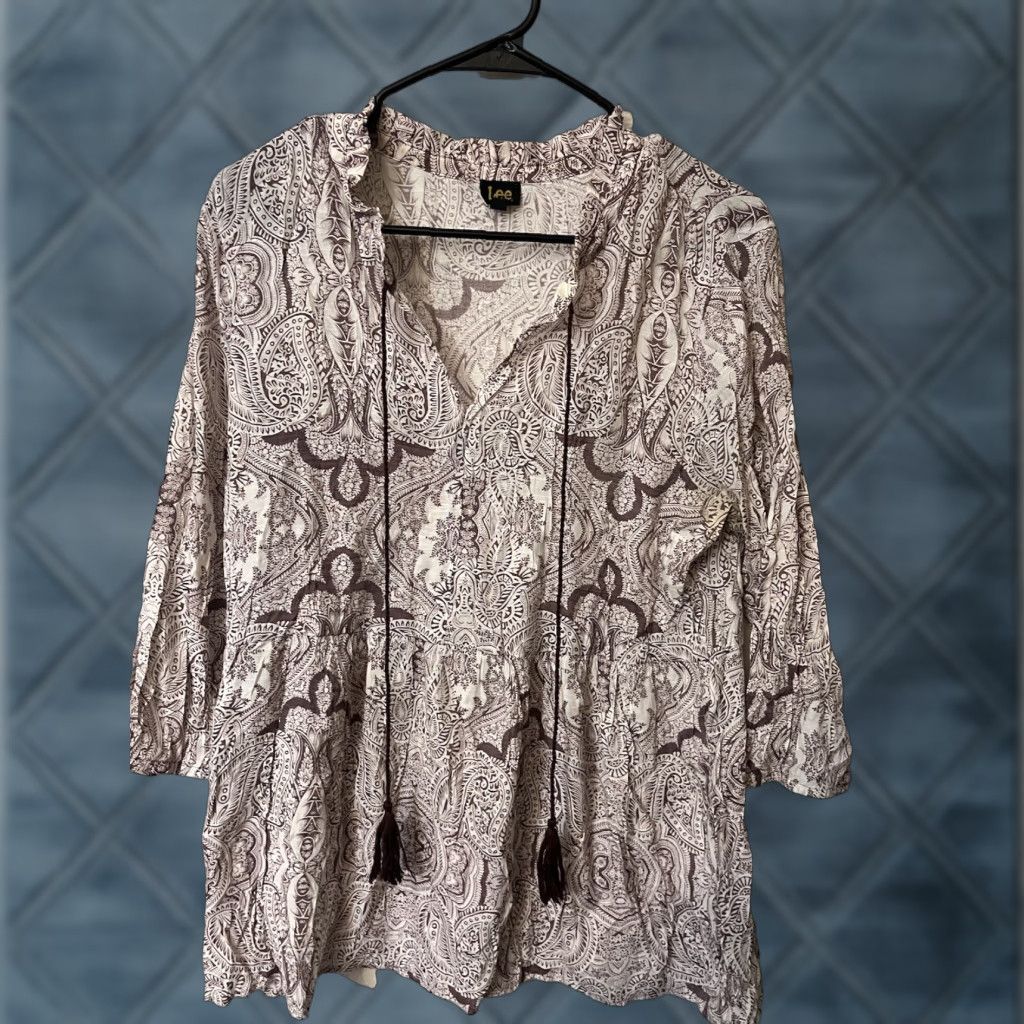Lee Lee Tunic Women's L Paisley Blouse - Pretty White & Dusty Purple Boho 3/4 Sleeve Multicolor Shirt Handmade No Size L / US 10 / IT 46 - 1 Thumbnail