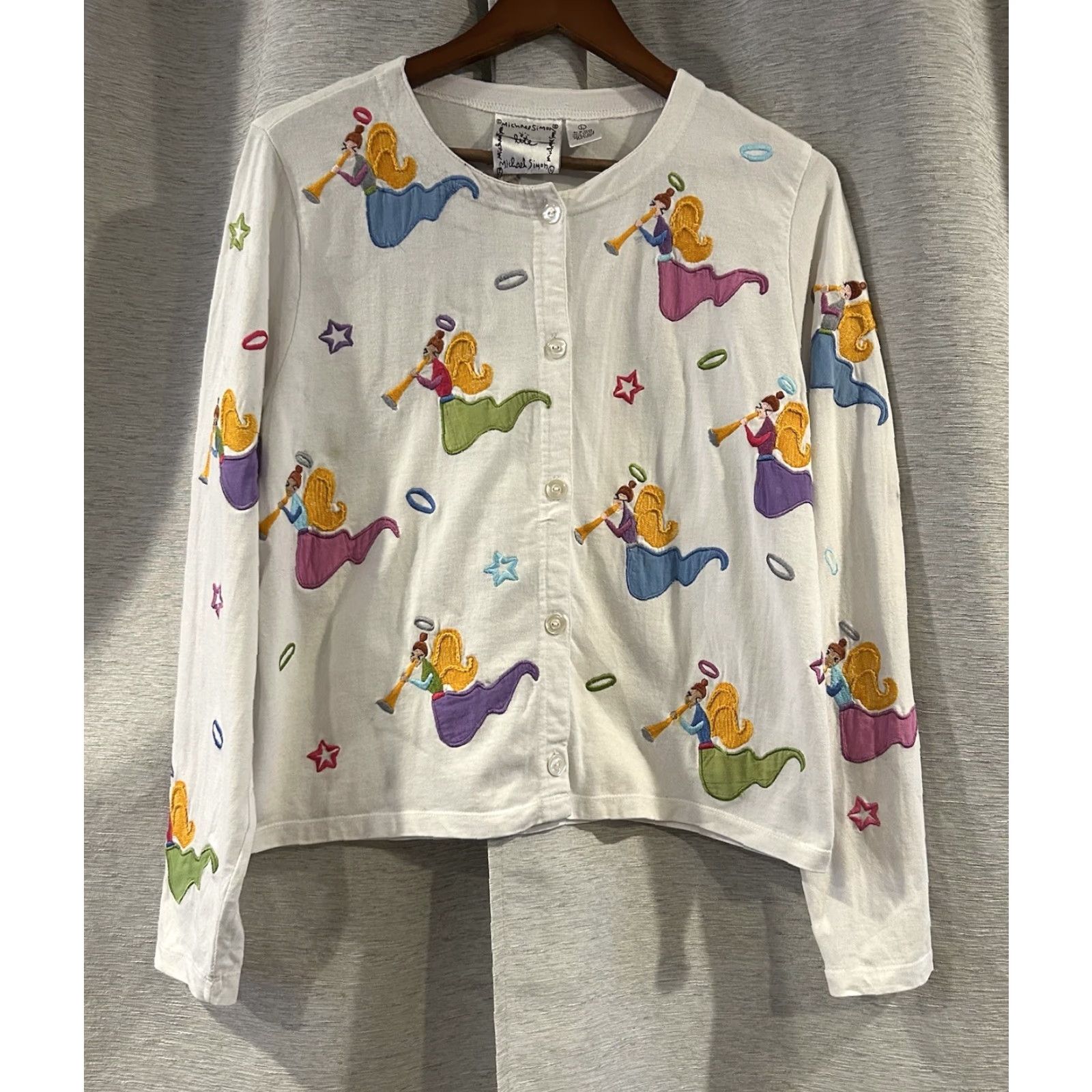 Vintage VINTAGE Michael Simon Cardigan Embroidered Angels Playing Trumpets Size L Women Sweater White Christmas Angels Mens? Girls? Wait. Size L / US 10 / IT 46 - 2 Thumbnail