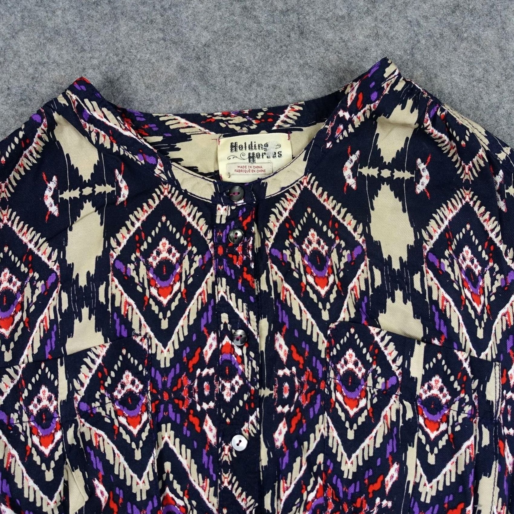Anthropologie Holding Horses Dress Womens 0 Black Boho Tribal Rayon Shirt Dress Pockets 3/4 Sleeve Short Vintage No Womens Size XS / US 0-2 / IT 36-38 - 2 Thumbnail