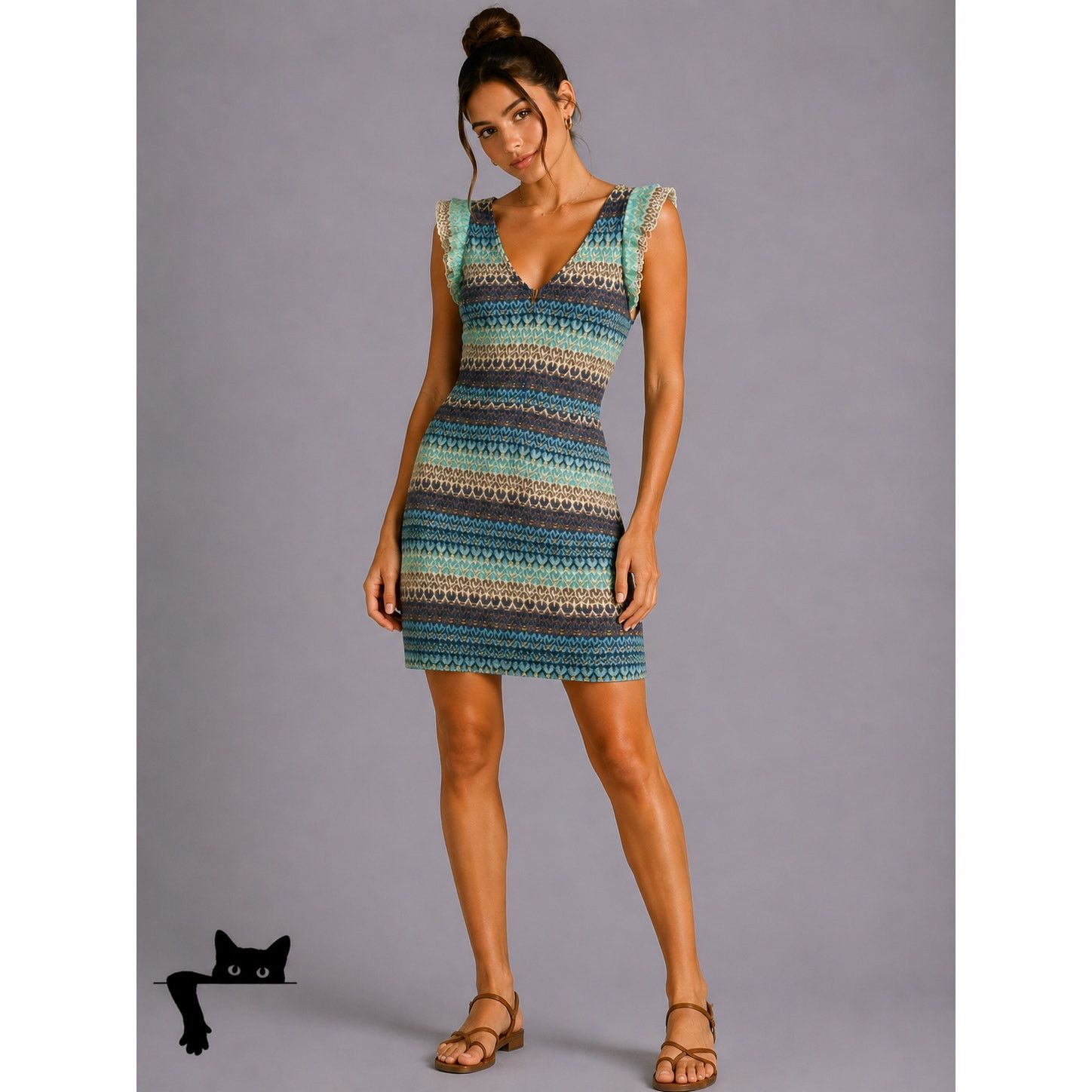 Other Tabitha Crochet Stripe V-Neck Ruffle Cap Sleeve Mini Dress Size XS / US 0-2 / IT 36-38 - 2 Thumbnail