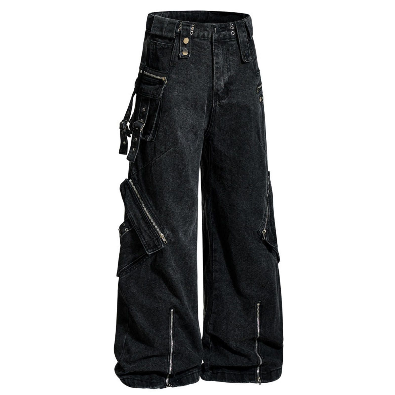 Japanese Brand Black Wide Leg Cargo Jeans, Loose Fit Denim Pants Size US 32 / EU 48 - 2 Thumbnail